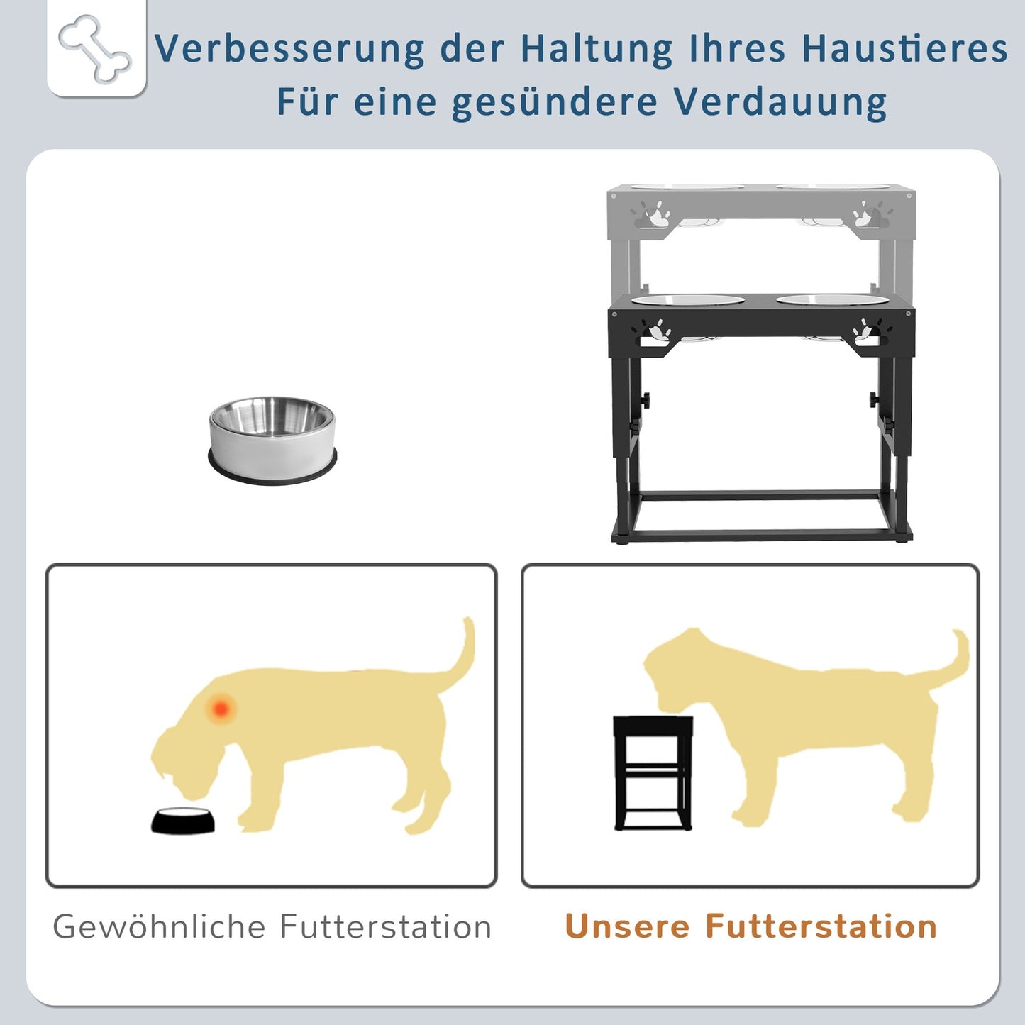 Adjustable Elevated Dog Feeding Station, Black Stainless Steel Bowls