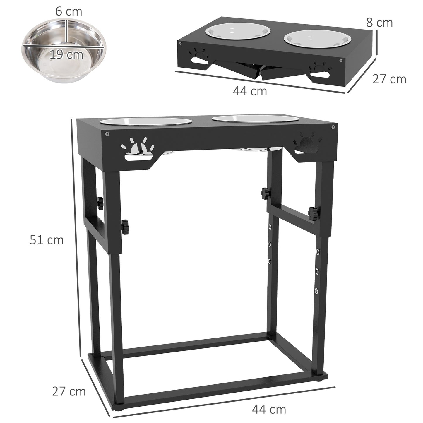 Adjustable Elevated Dog Feeding Station, Black Stainless Steel Bowls
