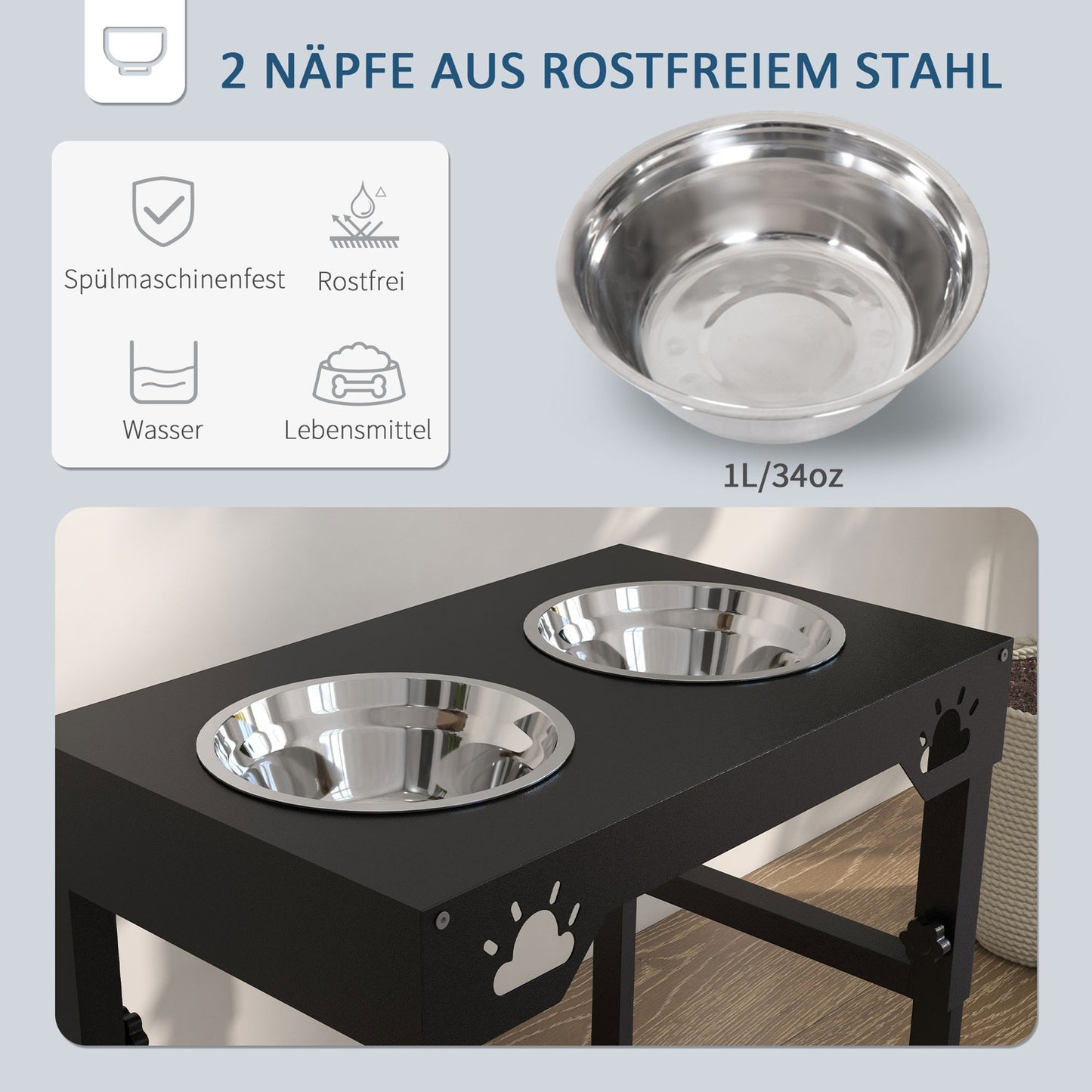 Adjustable Elevated Dog Feeding Station, Black Stainless Steel Bowls