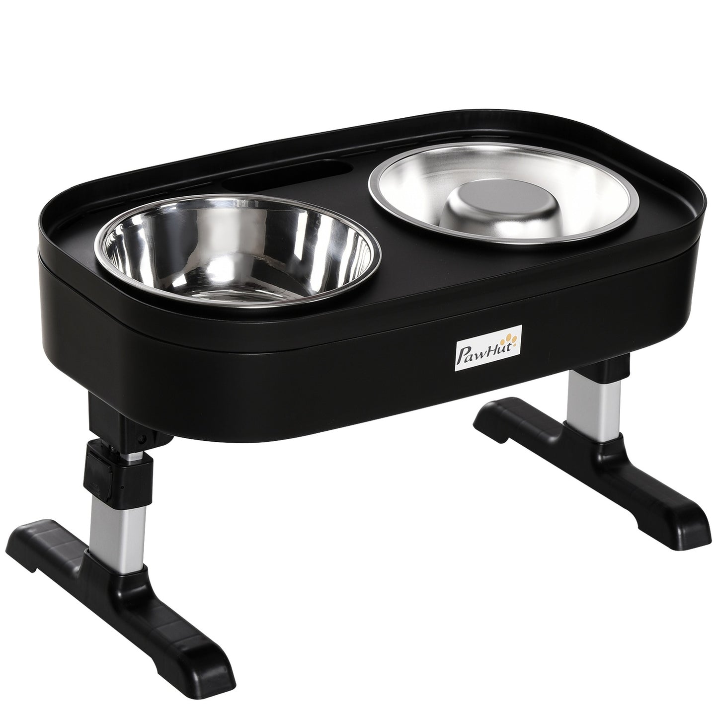 Adjustable elevated dog feeding station with 2 stainless steel bowls