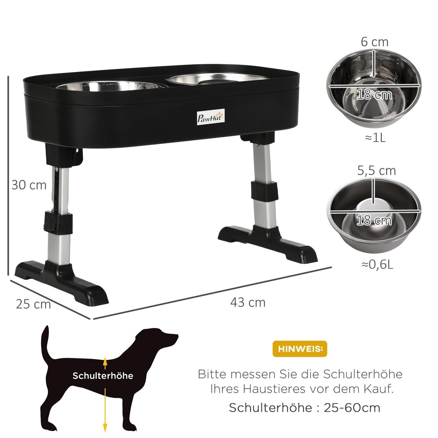 Adjustable elevated dog feeding station with 2 stainless steel bowls