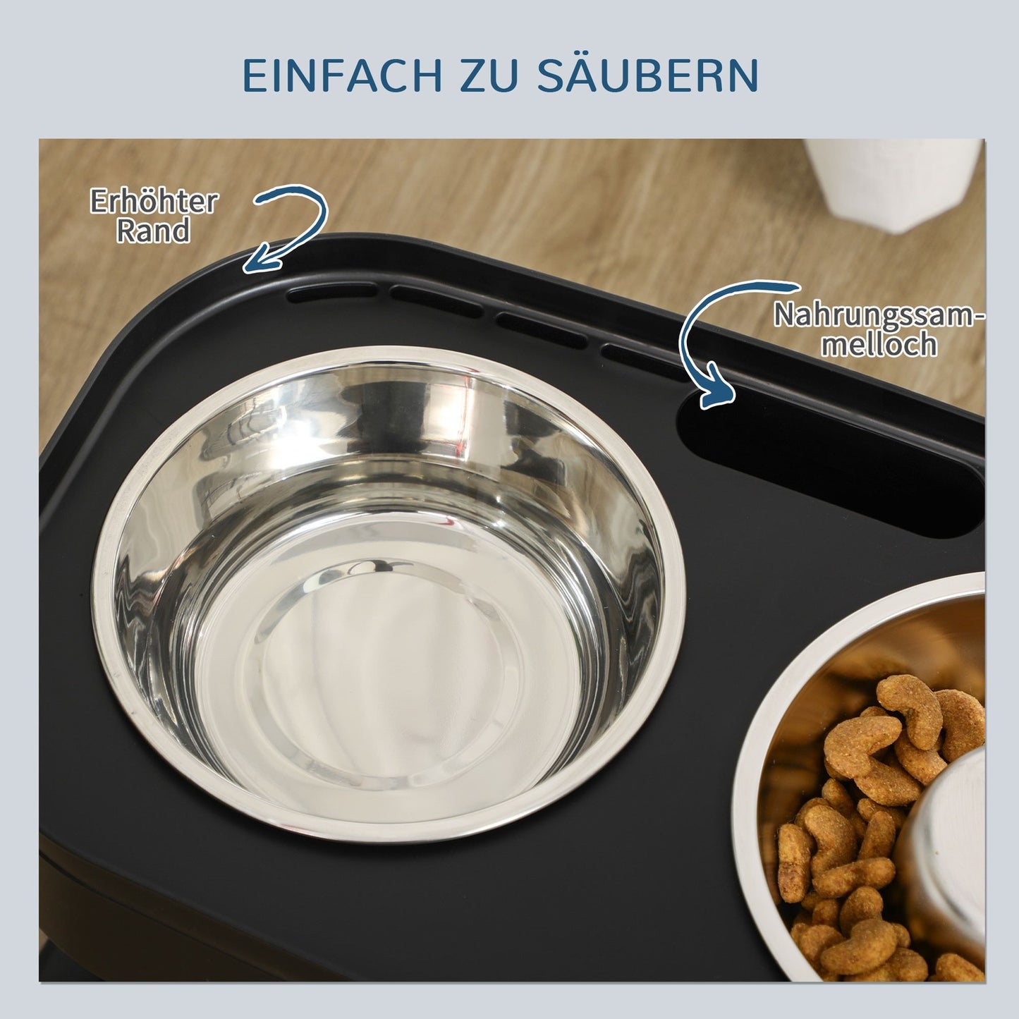 Adjustable elevated dog feeding station with 2 stainless steel bowls