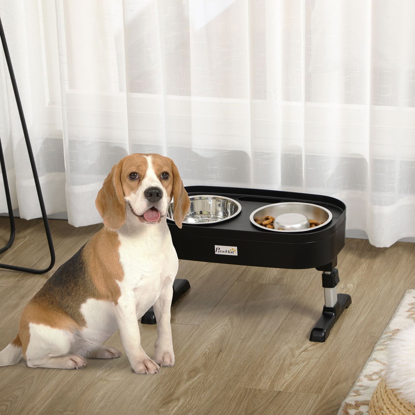 Adjustable elevated dog feeding station with 2 stainless steel bowls