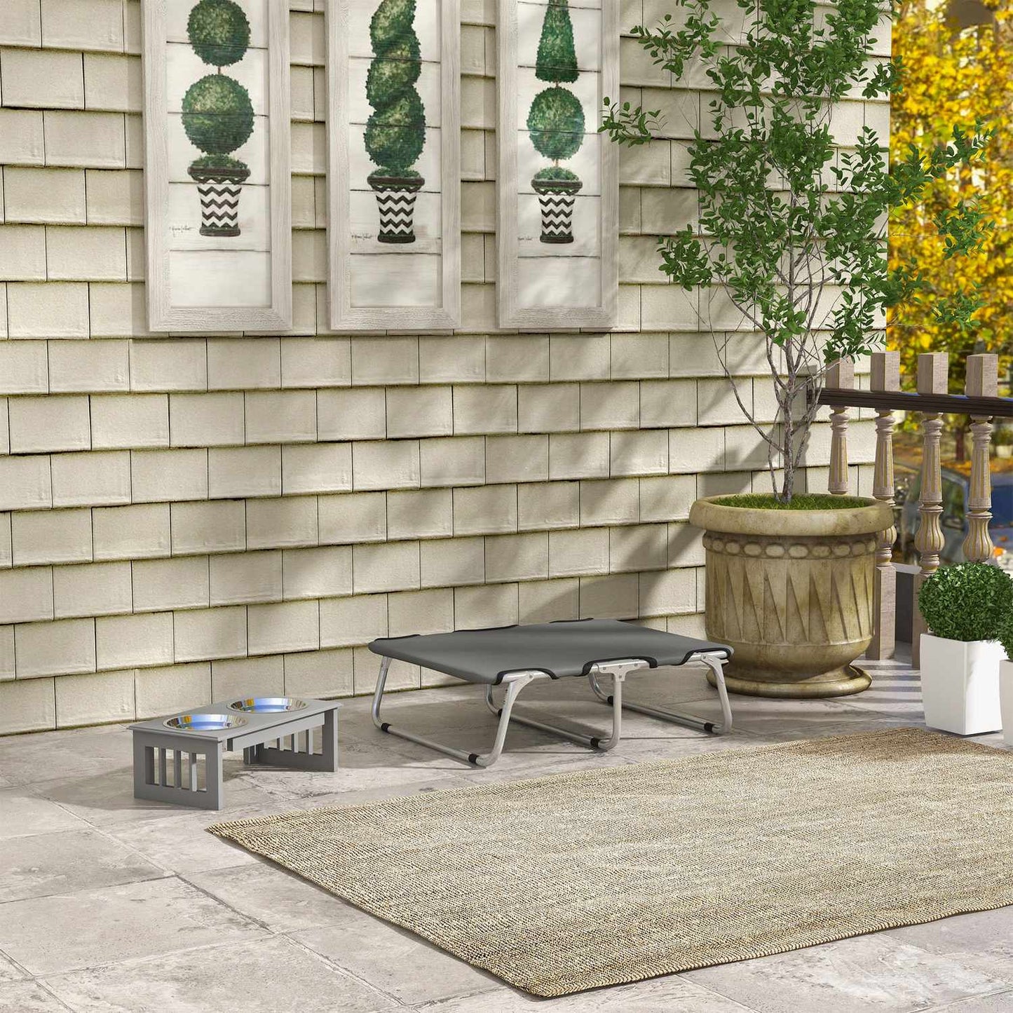 Outdoor raised dog bed, gray Oxford, for small dogs