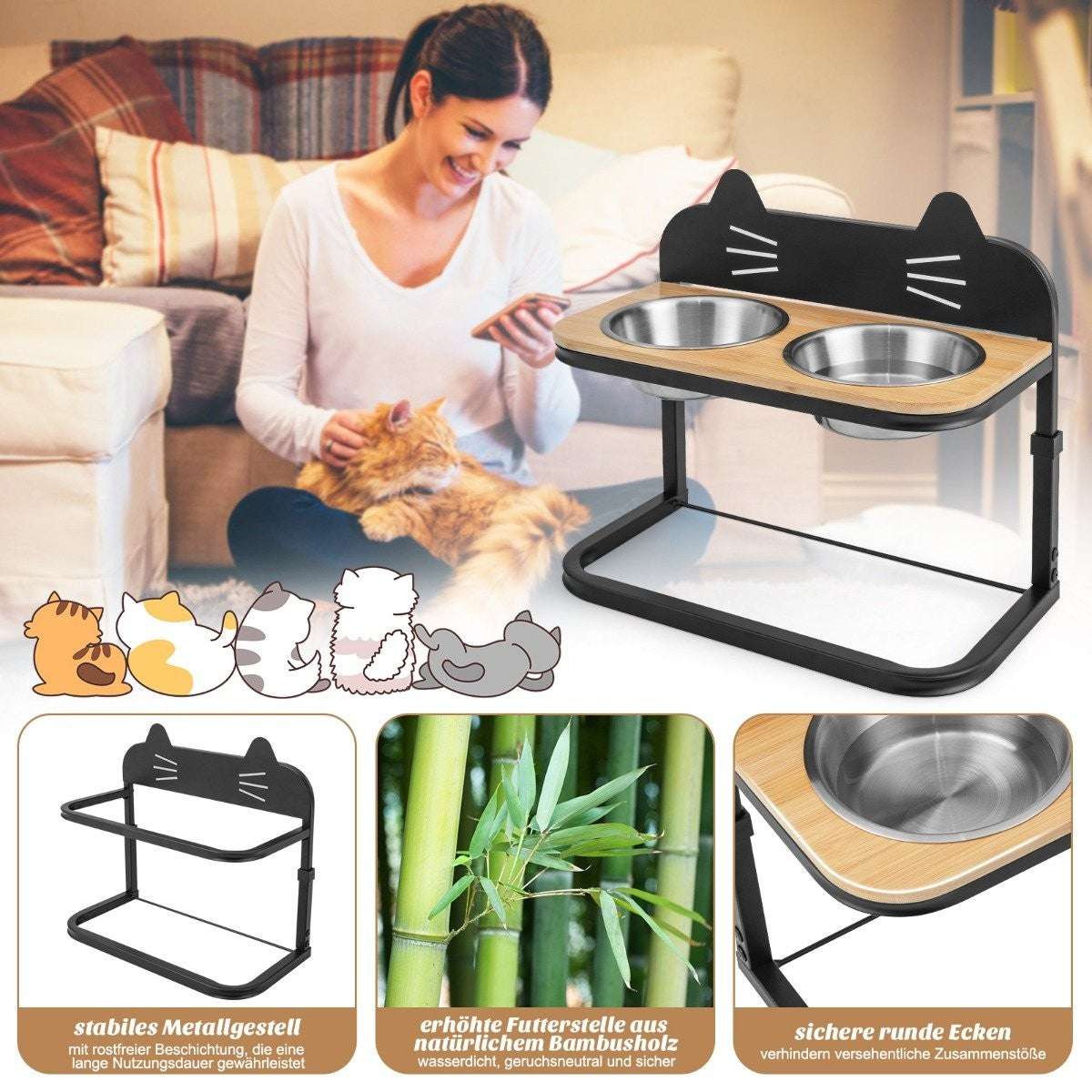 Elevated feeding station for cats & small to medium dogs 3-way height-adjustable bowl stand