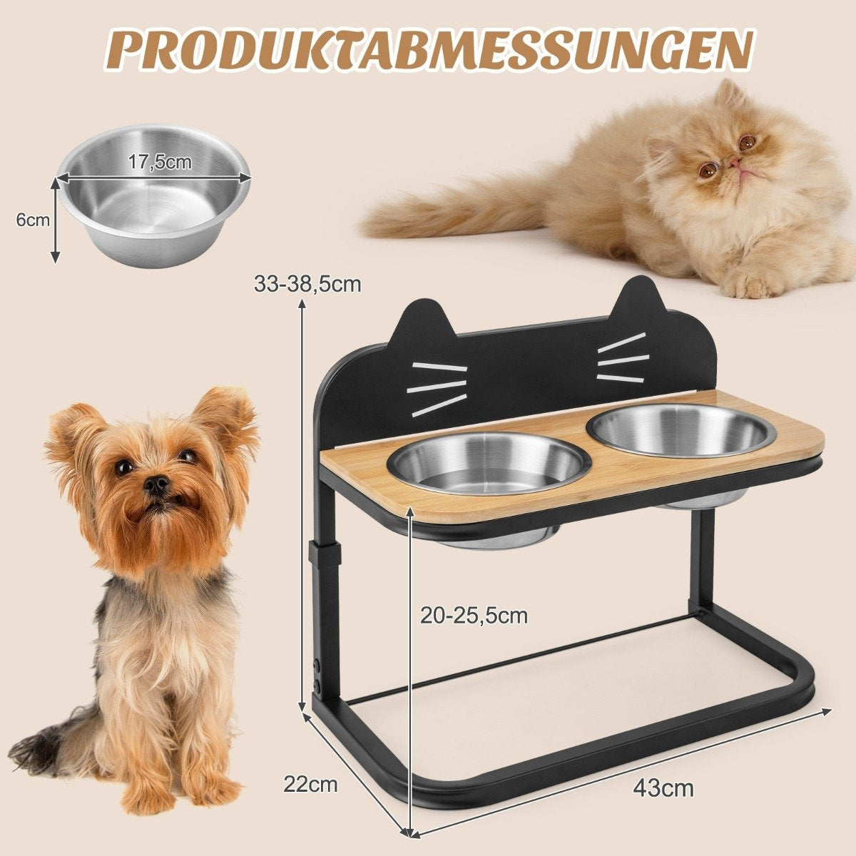 Elevated feeding station for cats & small to medium dogs 3-way height-adjustable bowl stand