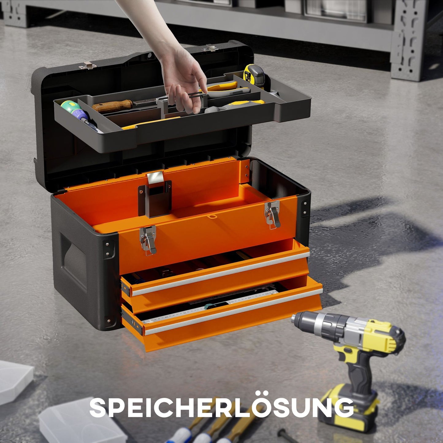 Toolbox with Drawer, Steel, 49.7 x 25.3 x 28.9 cm, Orange