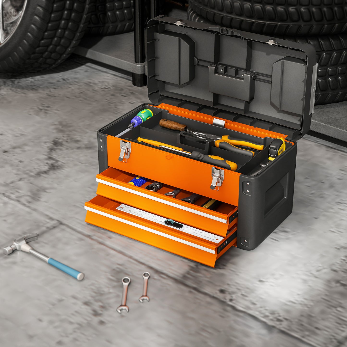 Toolbox with Drawer, Steel, 49.7 x 25.3 x 28.9 cm, Orange
