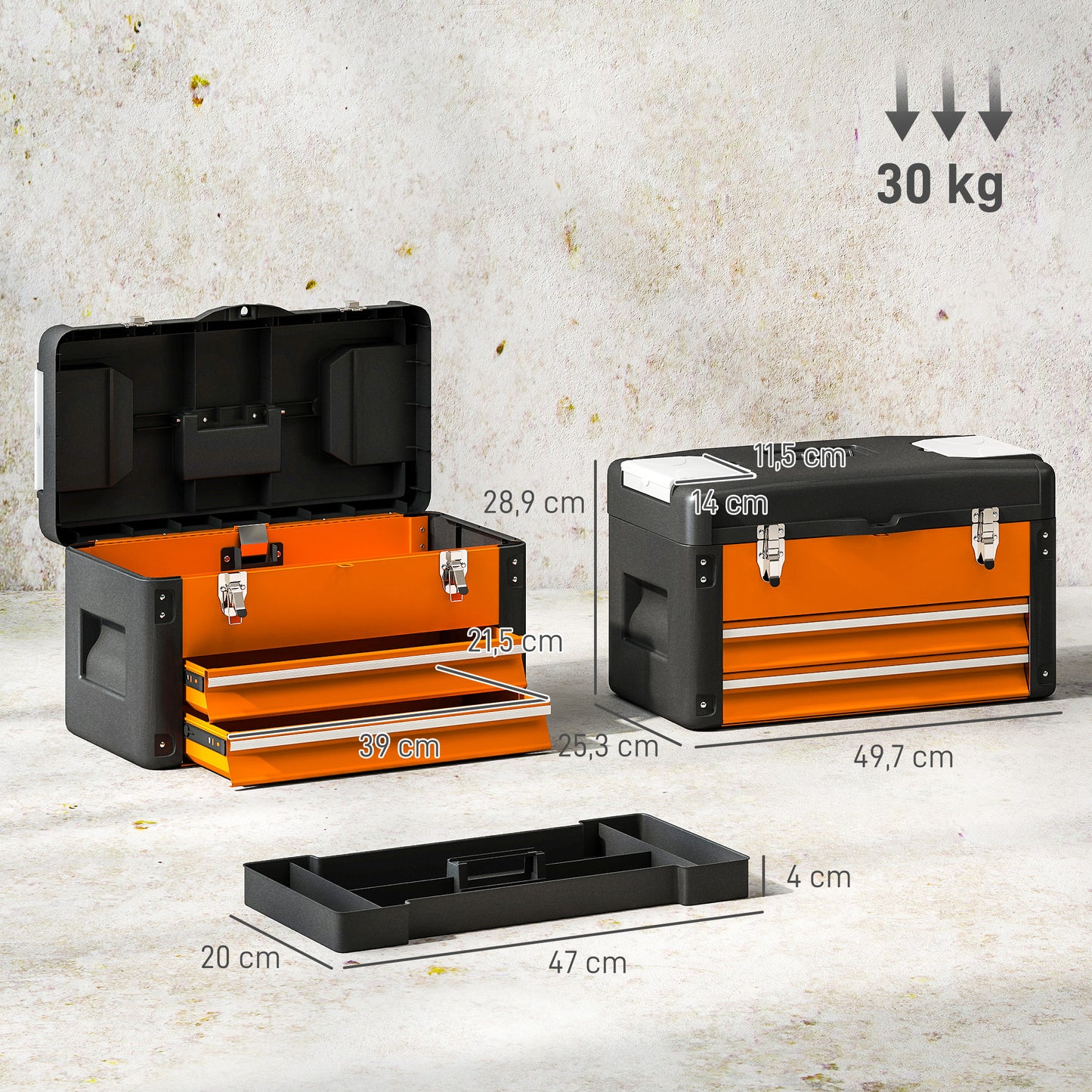 Toolbox with Drawer, Steel, 49.7 x 25.3 x 28.9 cm, Orange