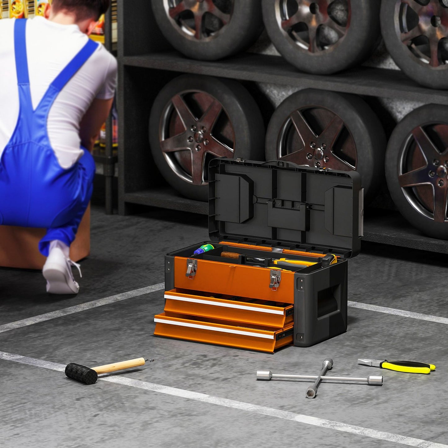 Toolbox with Drawer, Steel, 49.7 x 25.3 x 28.9 cm, Orange