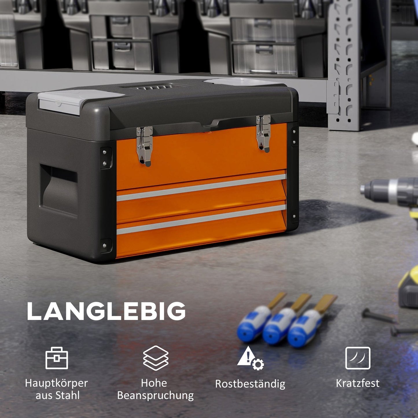 Toolbox with Drawer, Steel, 49.7 x 25.3 x 28.9 cm, Orange