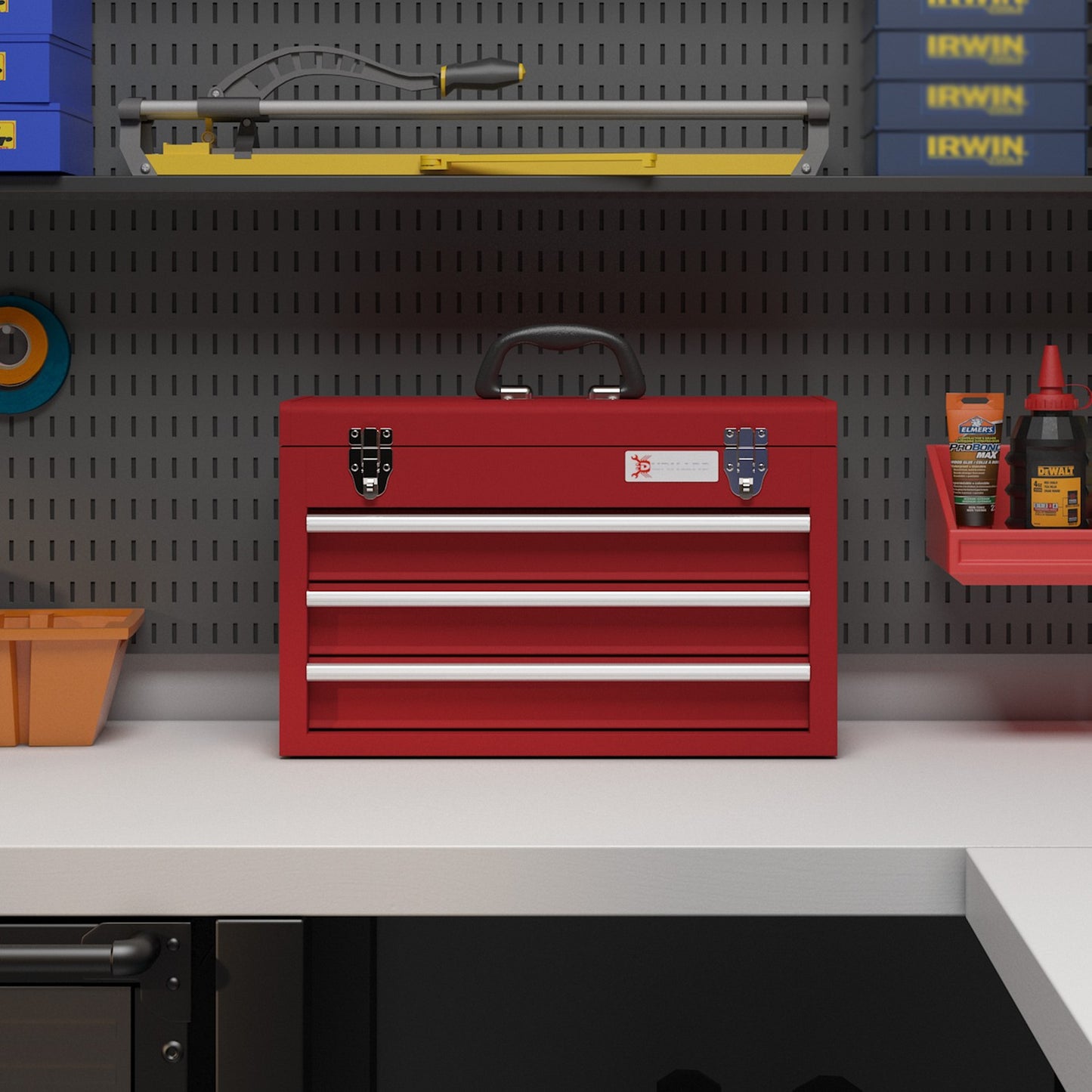 Tool box with lock, steel, 3 drawers, red, 51x22x32cm