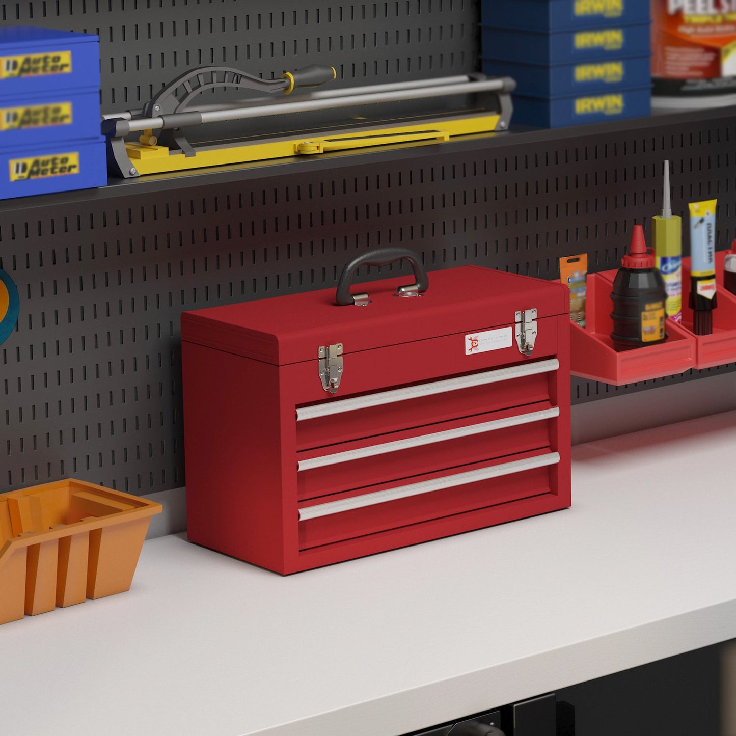 Tool box with lock, steel, 3 drawers, red, 51x22x32cm