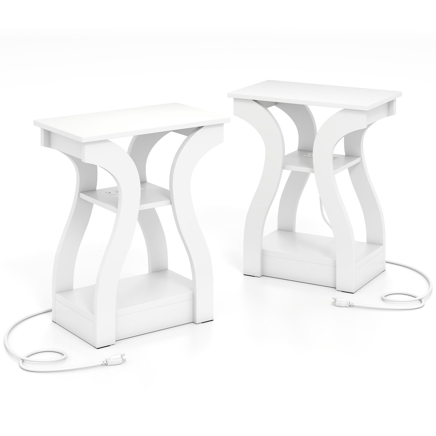 End Tables Set with Charging Station, 3-Tier, White