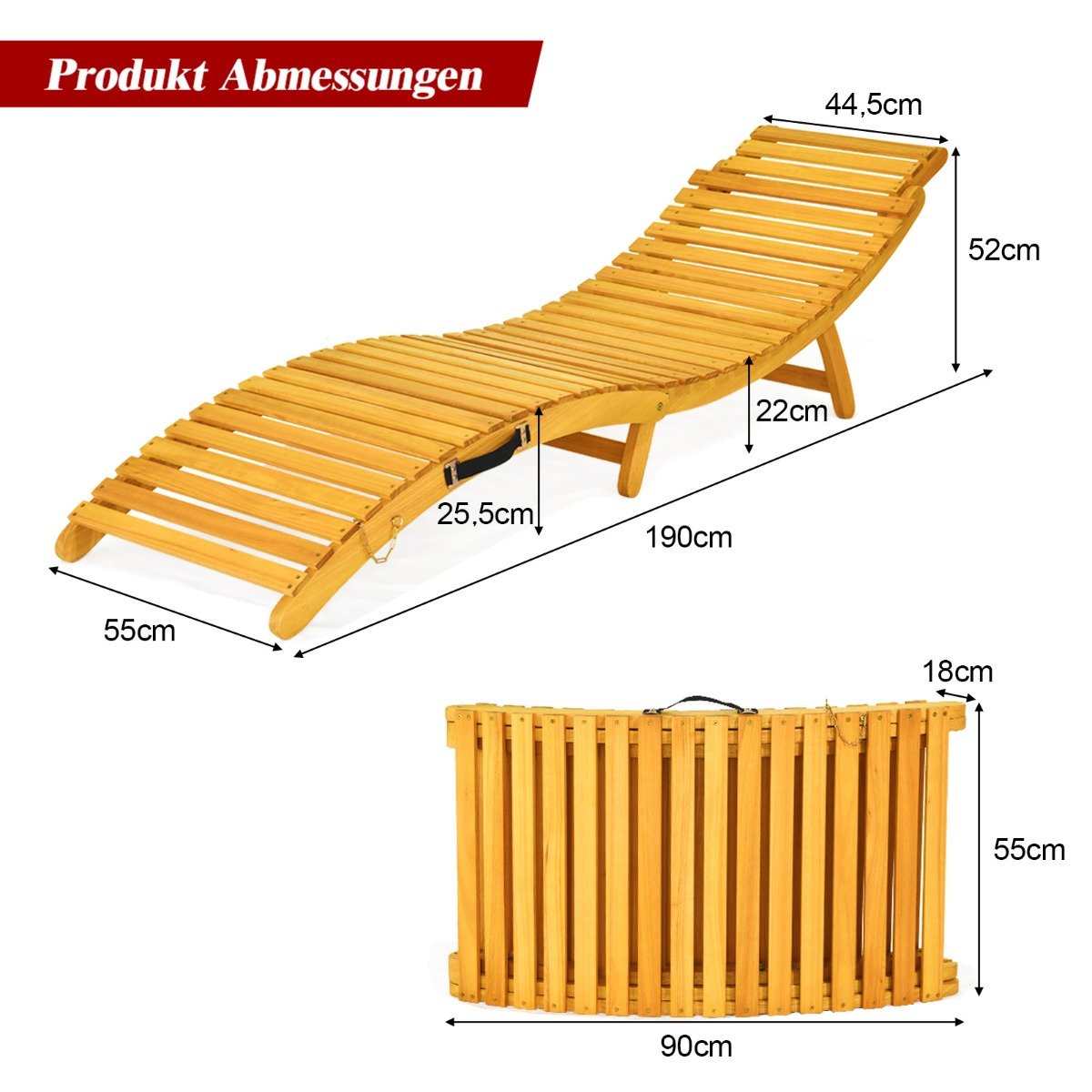 Ergonomic Acacia Wood Sun Lounger with Cushion, Foldable