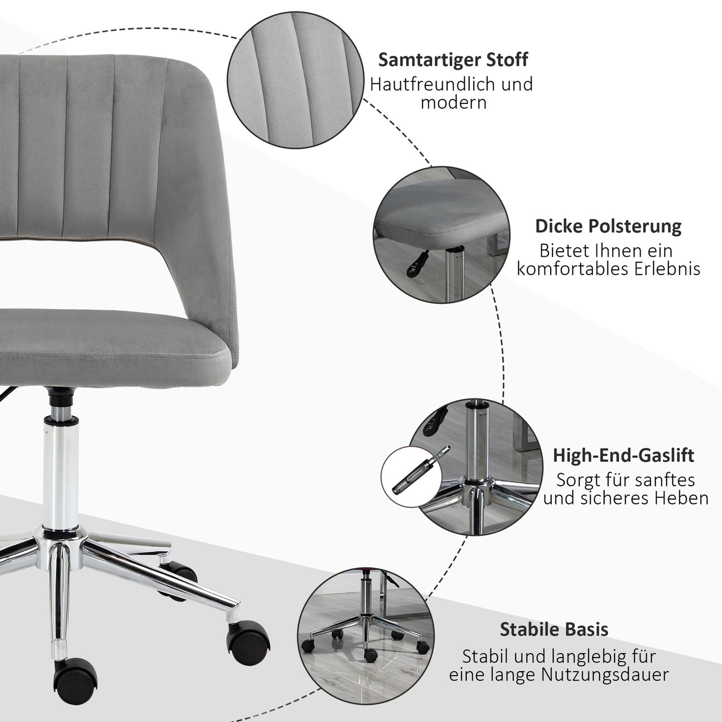 Ergonomic Grey Velvet Office Chair with Adjustable Height