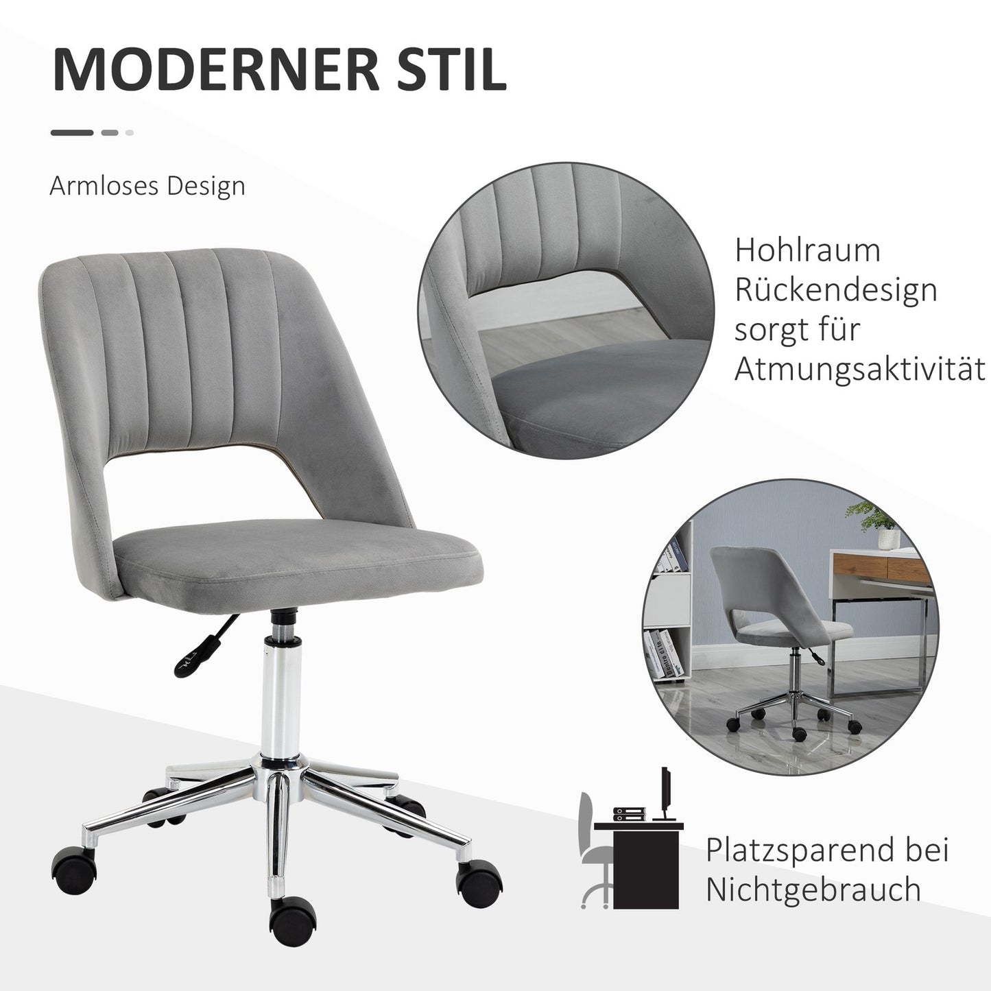 Ergonomic Grey Velvet Office Chair with Adjustable Height