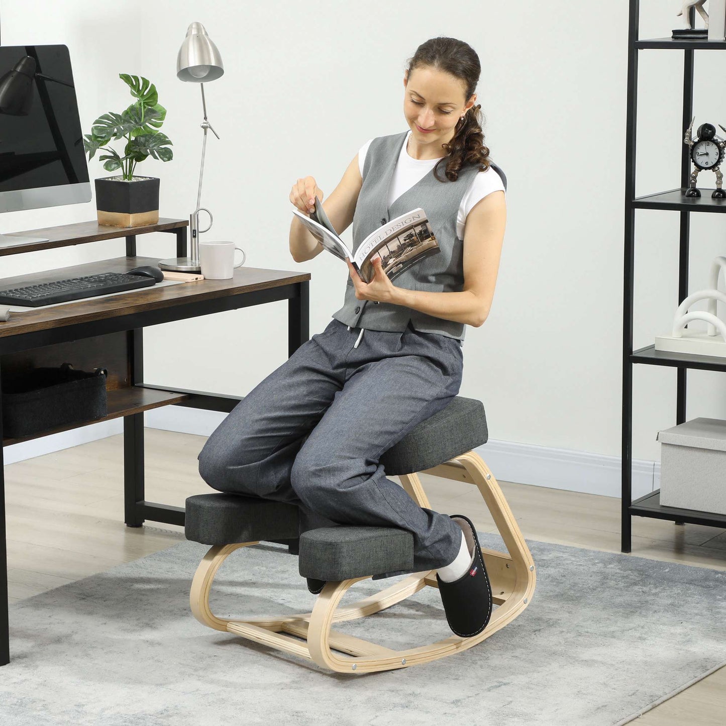 Ergonomic Kneeling Chair, Birch Wood, 120kg Capacity, Dark Grey