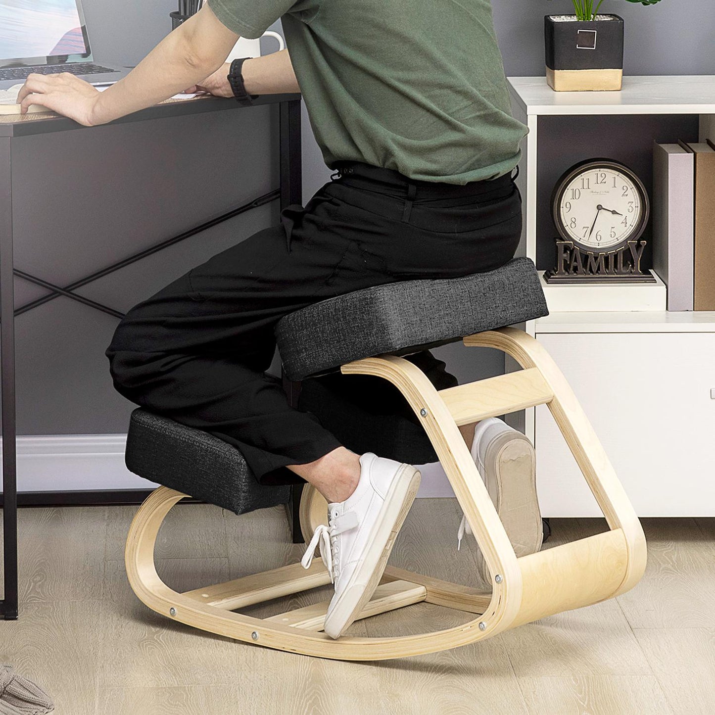 Ergonomic Kneeling Chair, Birch Wood, Black, 120 kg Capacity