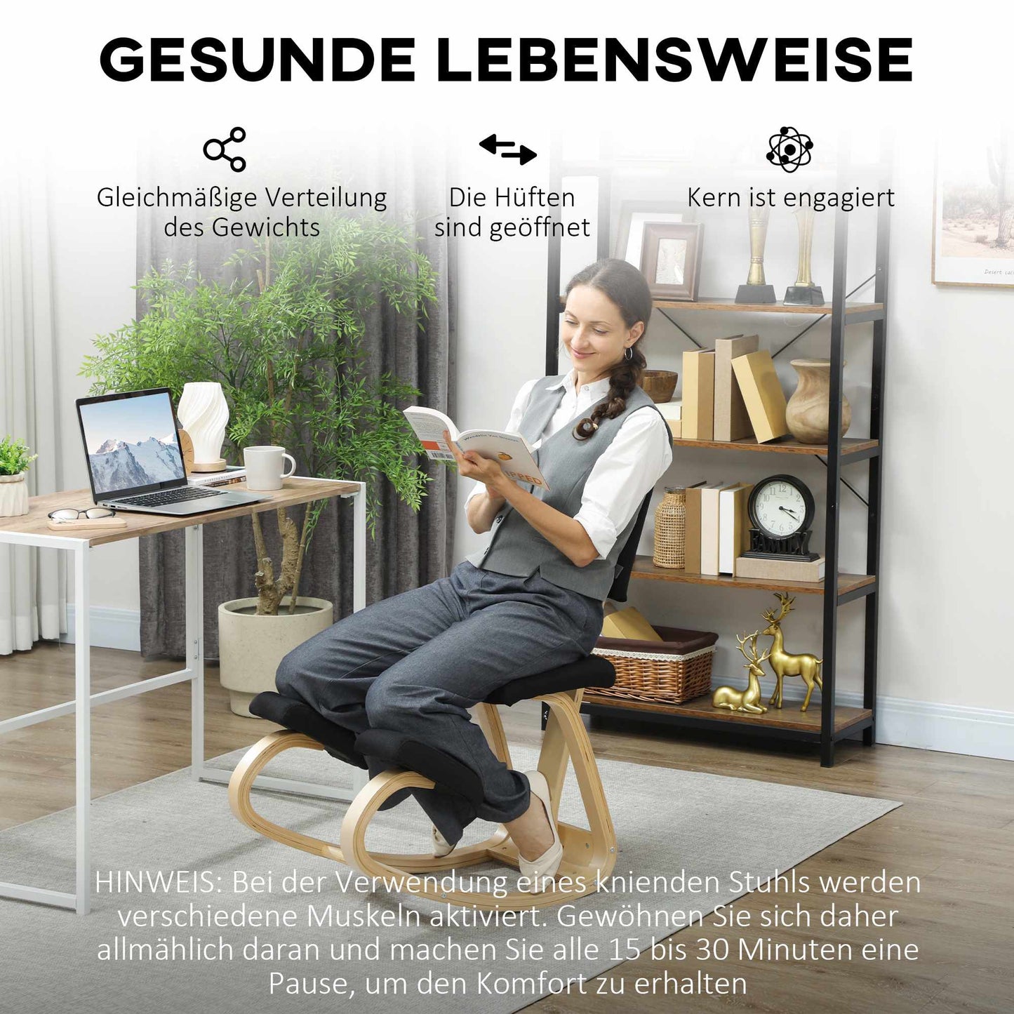 Ergonomic Kneeling Chair, Birch Wood, Black, Home & Office Use
