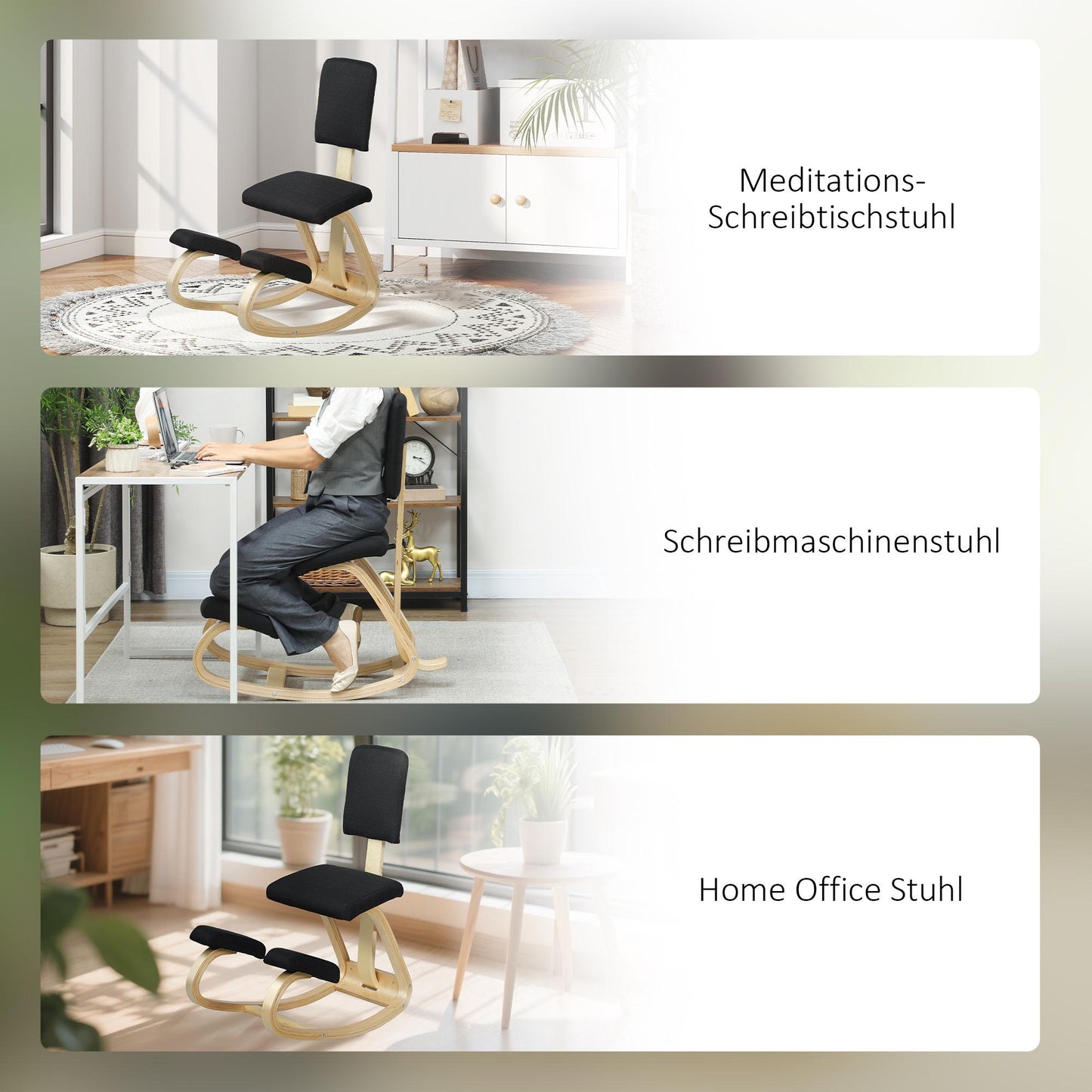 Ergonomic Kneeling Chair, Birch Wood, Black, Home & Office Use