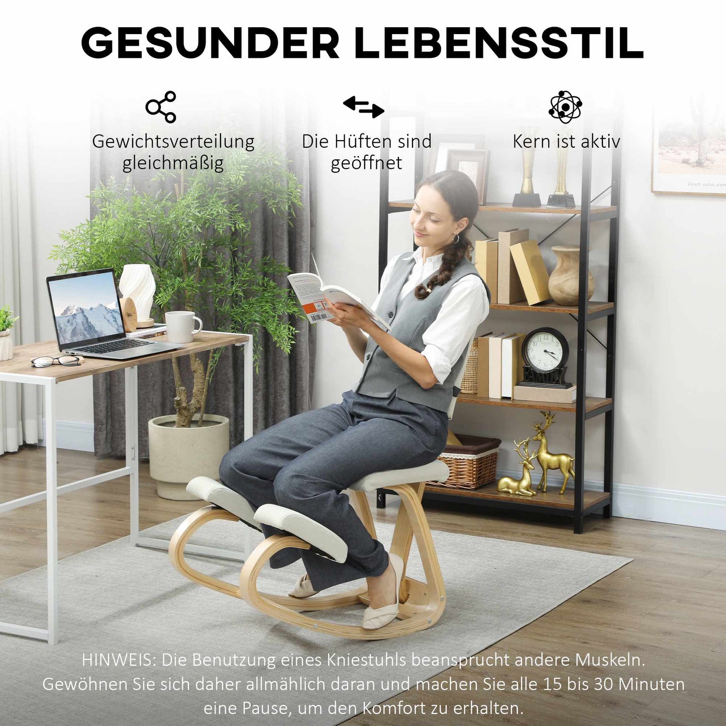 Ergonomic Kneeling Chair, Birch Wood Frame, Cream White