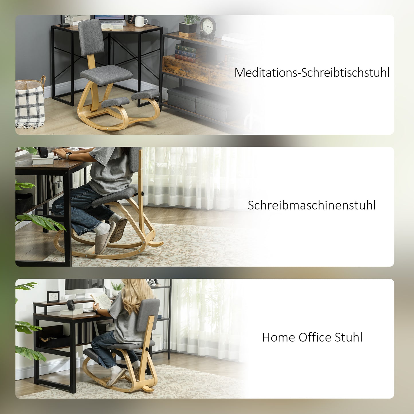 Ergonomic Kneeling Chair, Birch Wood, Gray, Home & Office