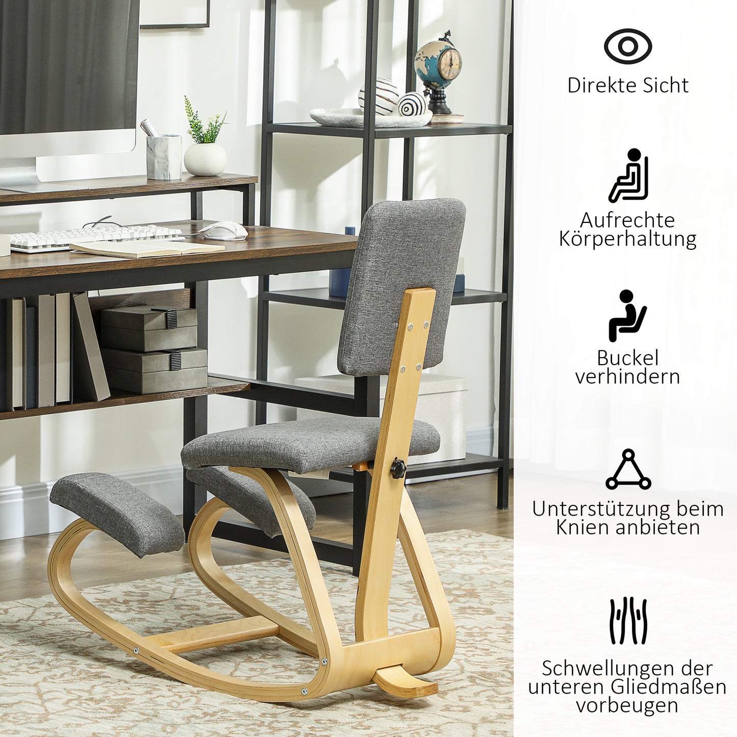 Ergonomic Kneeling Chair, Birch Wood, Gray, Home & Office