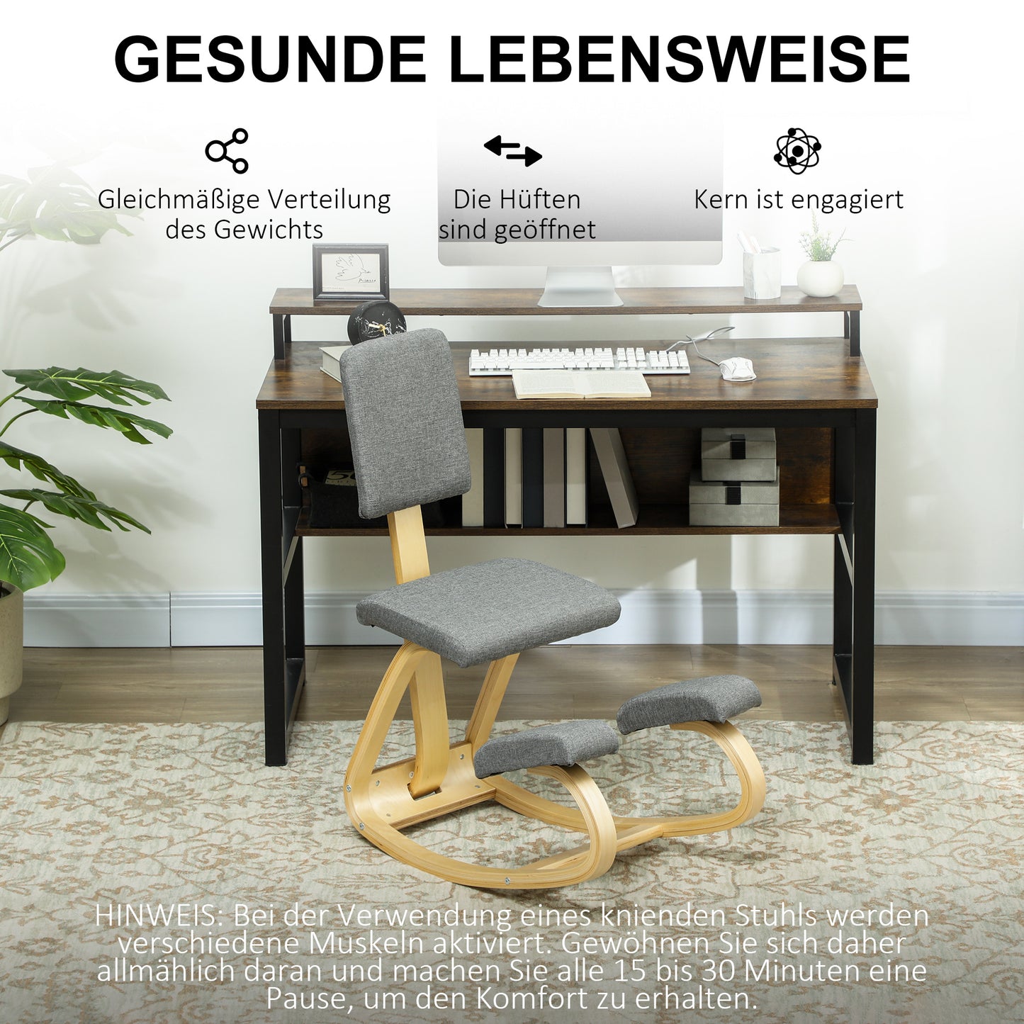 Ergonomic Kneeling Chair, Birch Wood, Gray, Home & Office