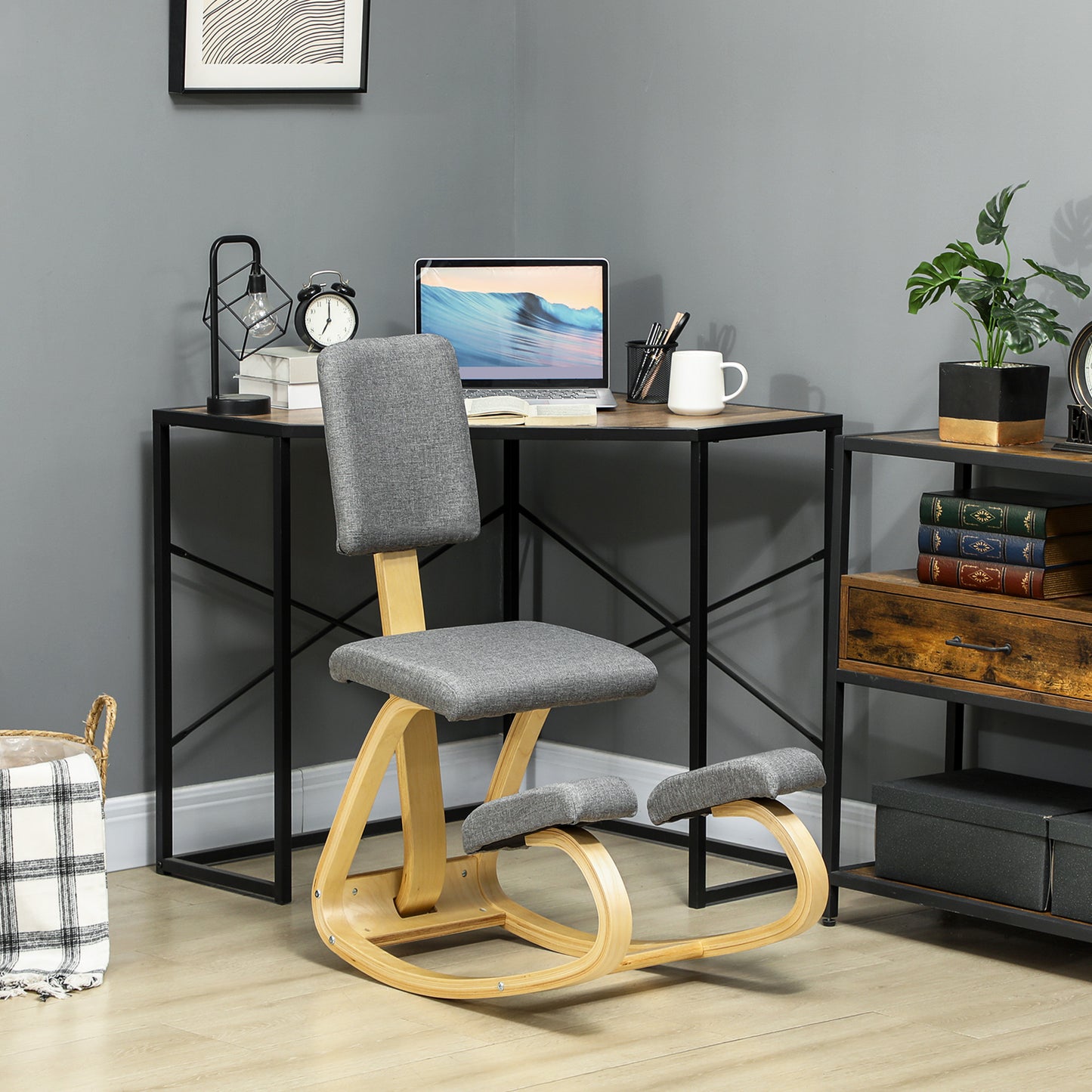 Ergonomic Kneeling Chair, Birch Wood, Gray, Home & Office