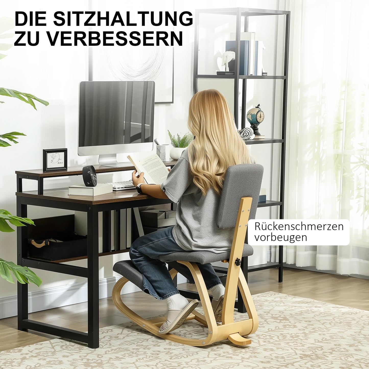 Ergonomic Kneeling Chair, Birch Wood, Gray, Home & Office