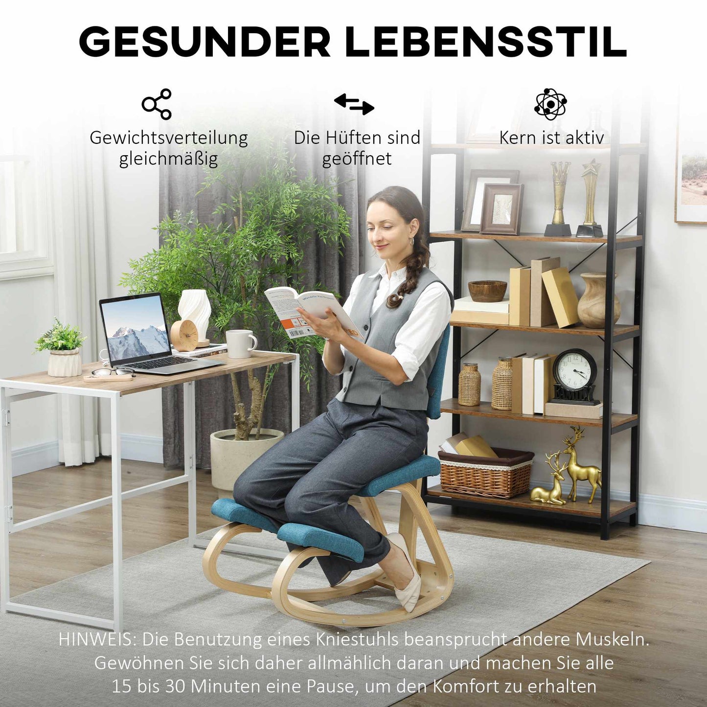 Ergonomic Kneeling Chair, Dark Blue, Birch Wood Frame