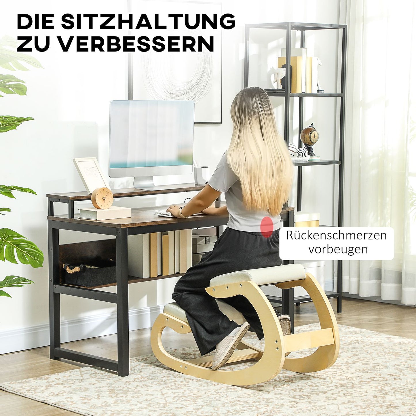 Ergonomic Kneeling Chair for Posture, Rocking Design, Cream