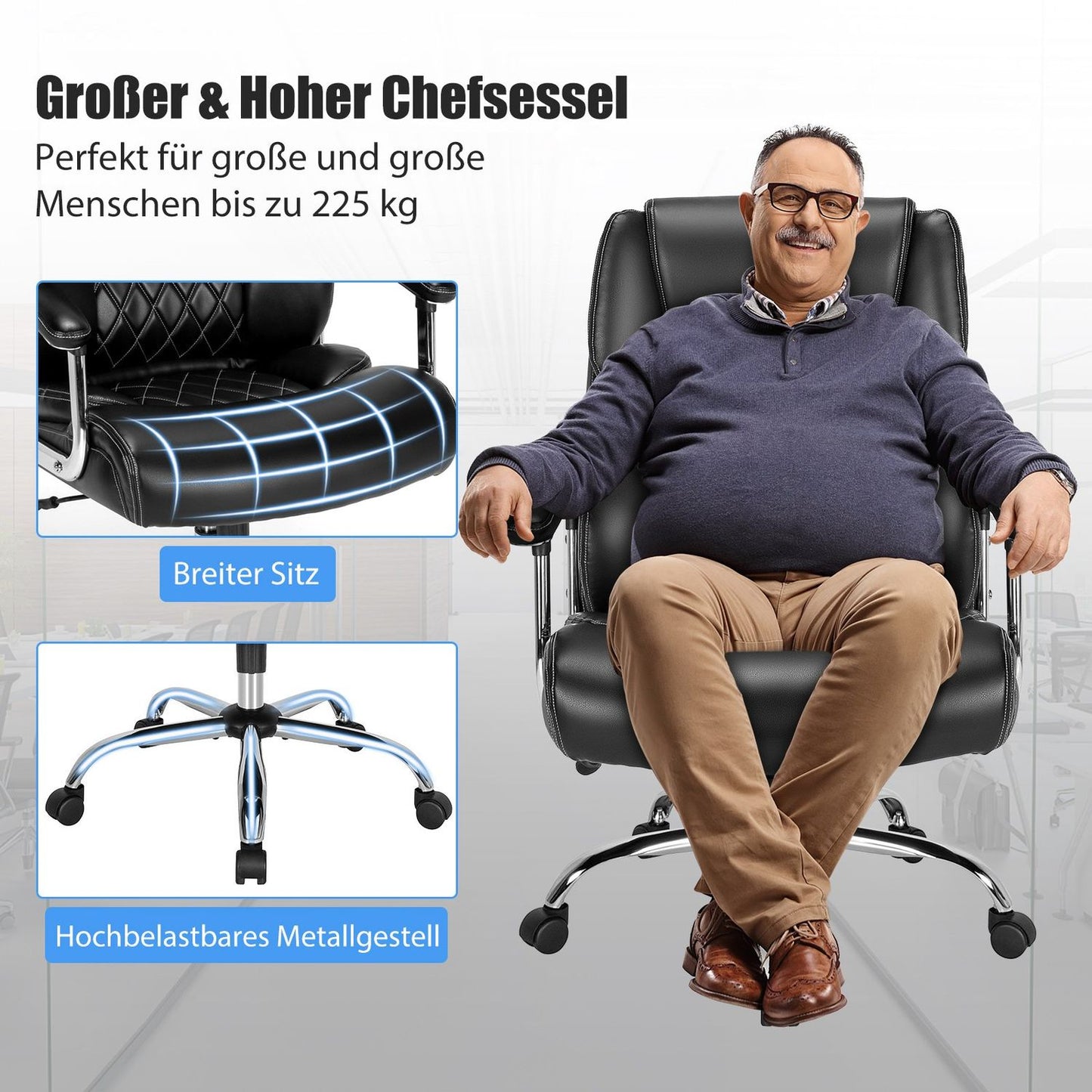 Ergonomic Office Chair, 225kg Capacity, Adjustable Recline
