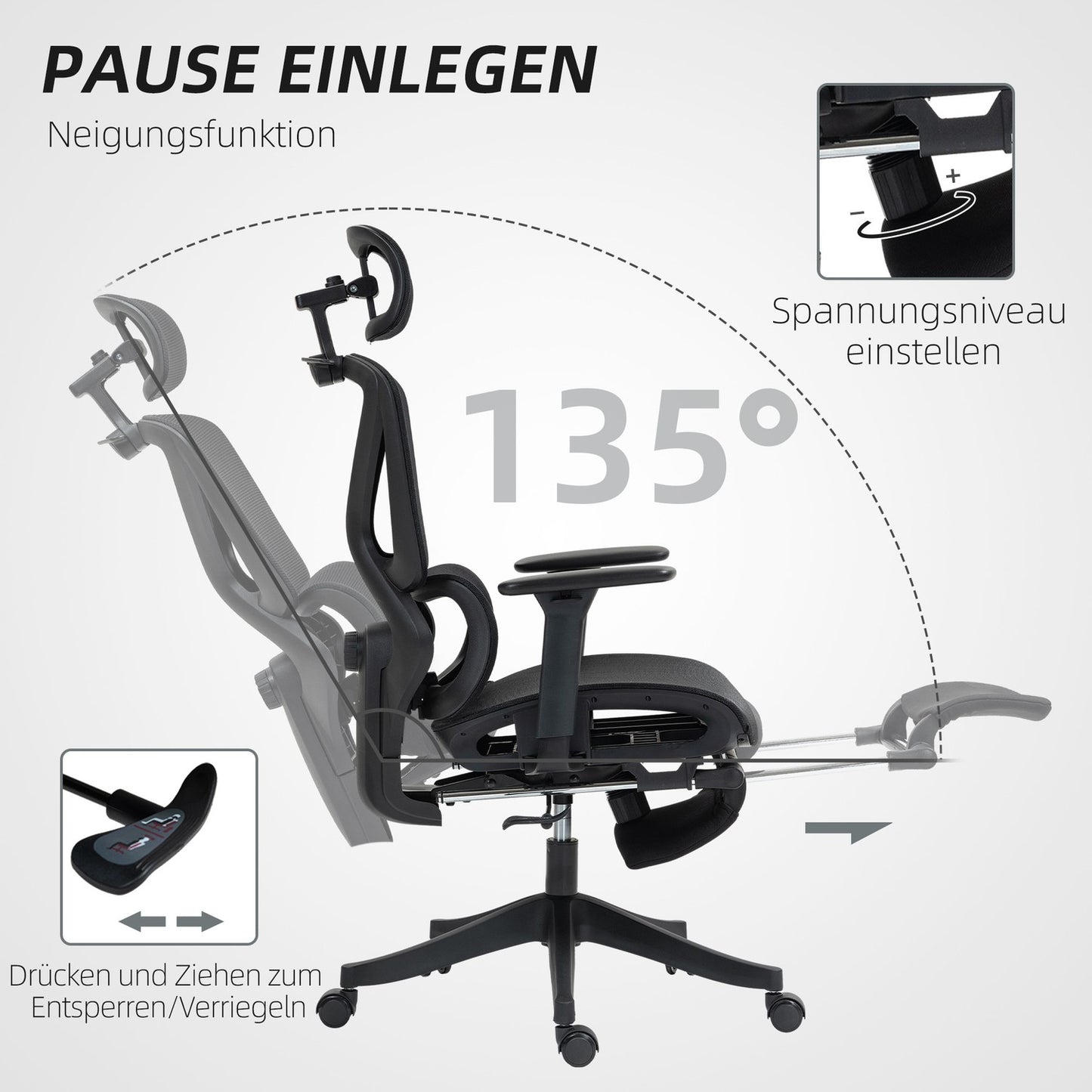 Ergonomic Office Chair, Adjustable, 135° Recline, Black