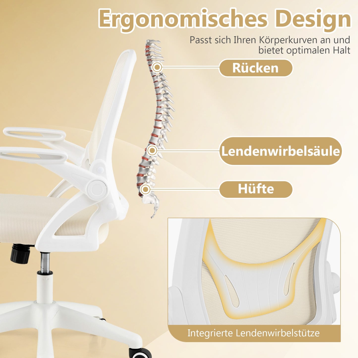 Ergonomic Office Chair, Beige, Folding Arms, Lumbar Support