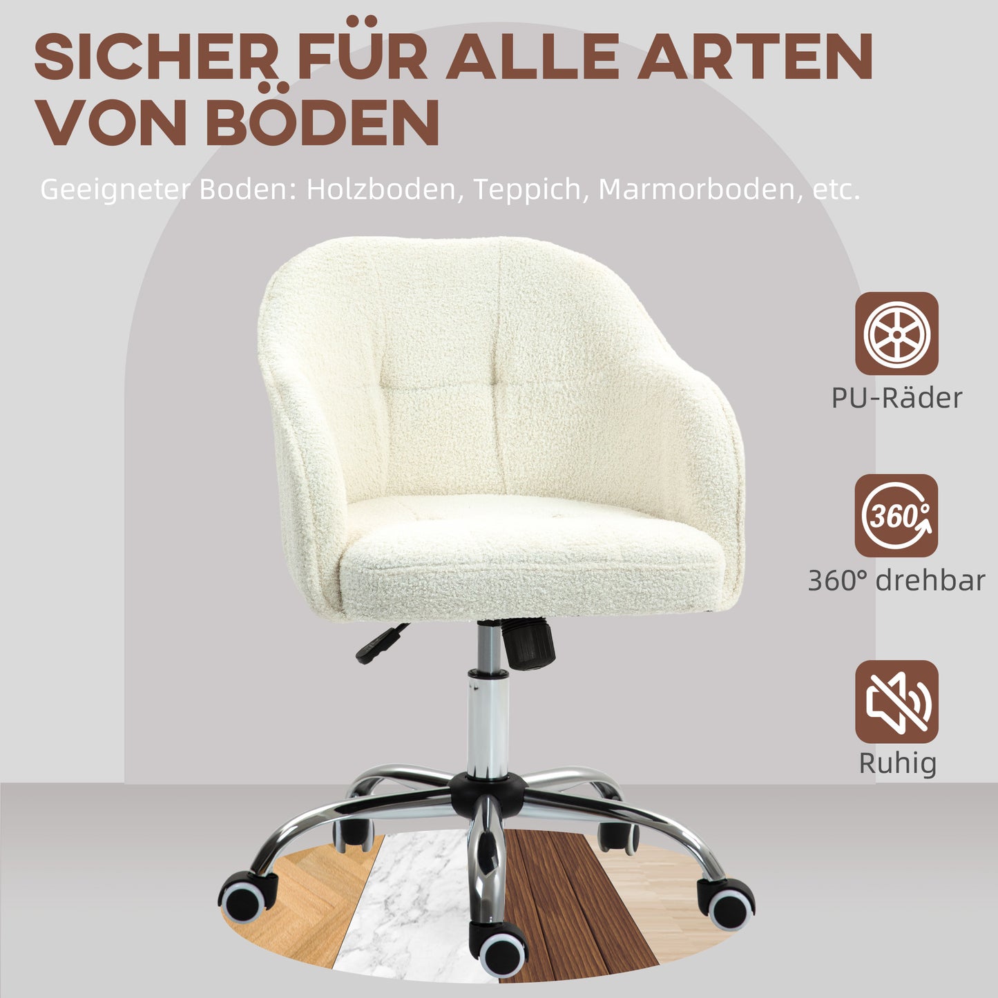 Ergonomic Office Chair, Cream White Teddy Fleece, Adjustable Height