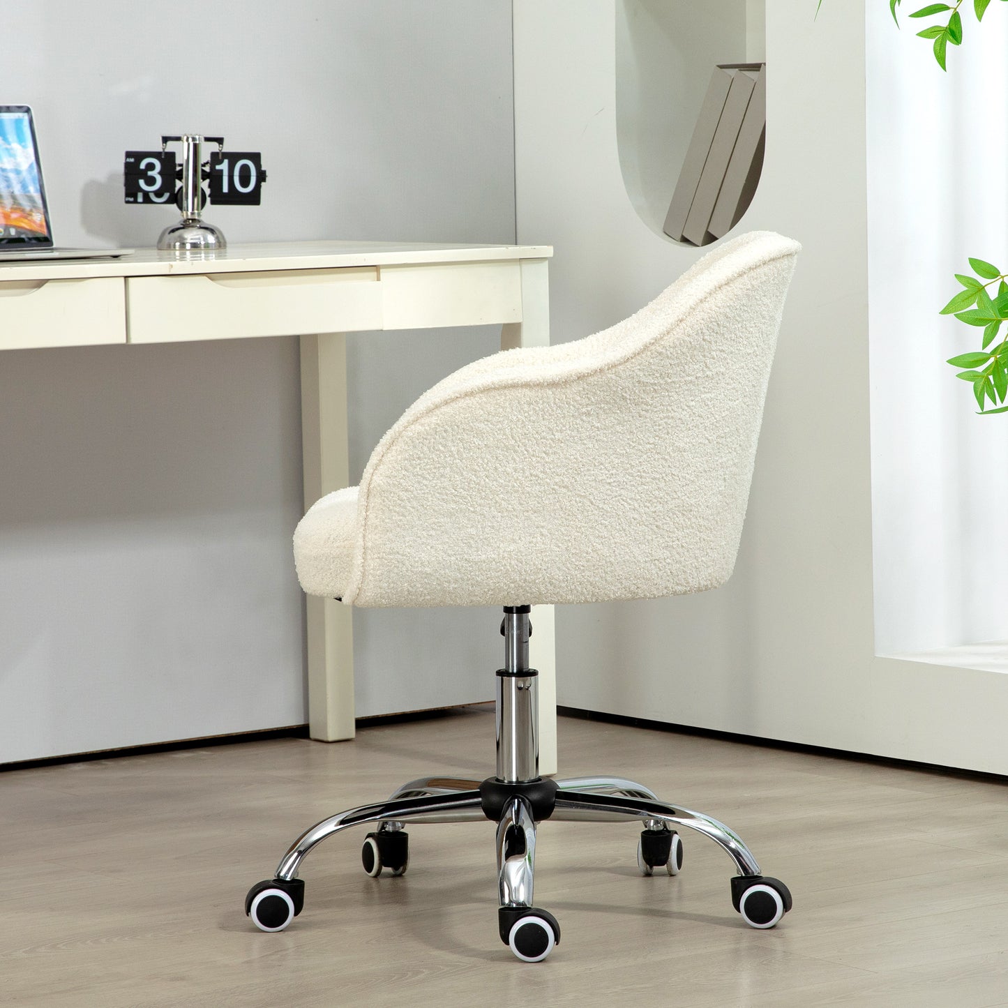 Ergonomic Office Chair, Cream White Teddy Fleece, Adjustable Height