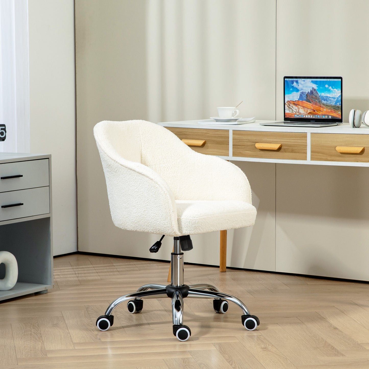 Ergonomic Office Chair, Cream White Teddy Fleece, Adjustable Height