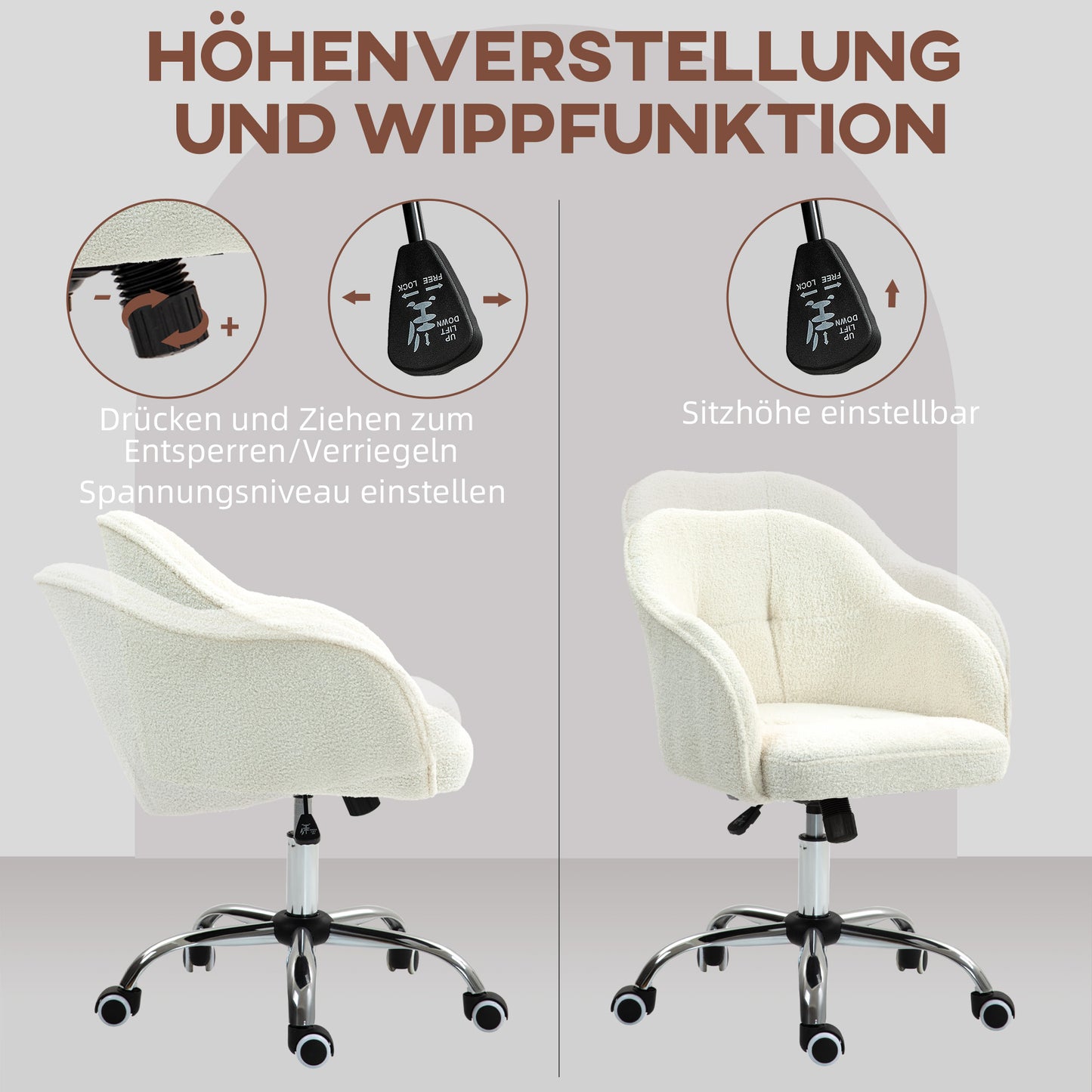 Ergonomic Office Chair, Cream White Teddy Fleece, Adjustable Height