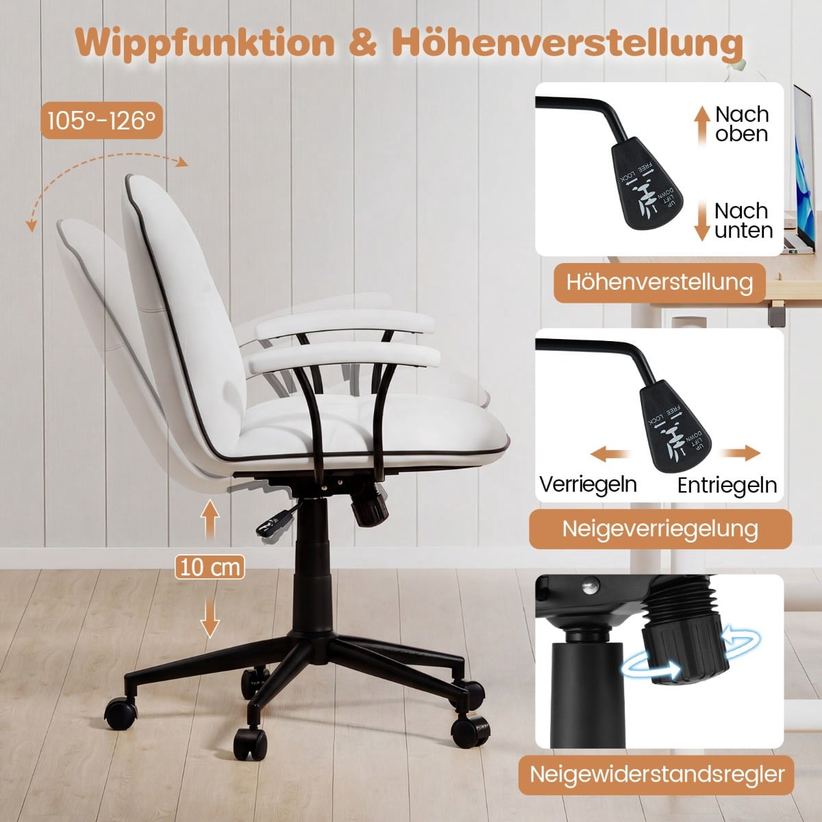 Ergonomic Office Chair, Faux Leather, White, Adjustable
