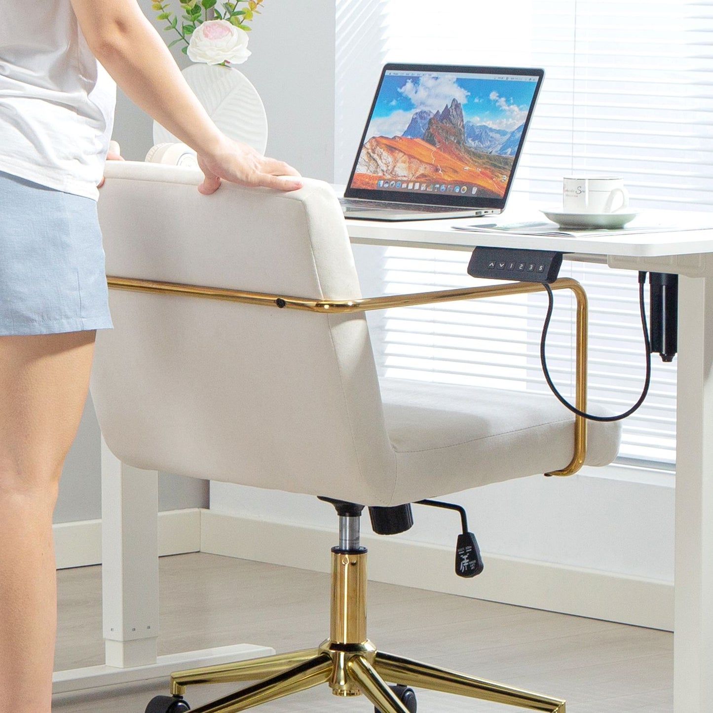 Ergonomic Office Chair, Gold Accents, Velvet-Look Fabric