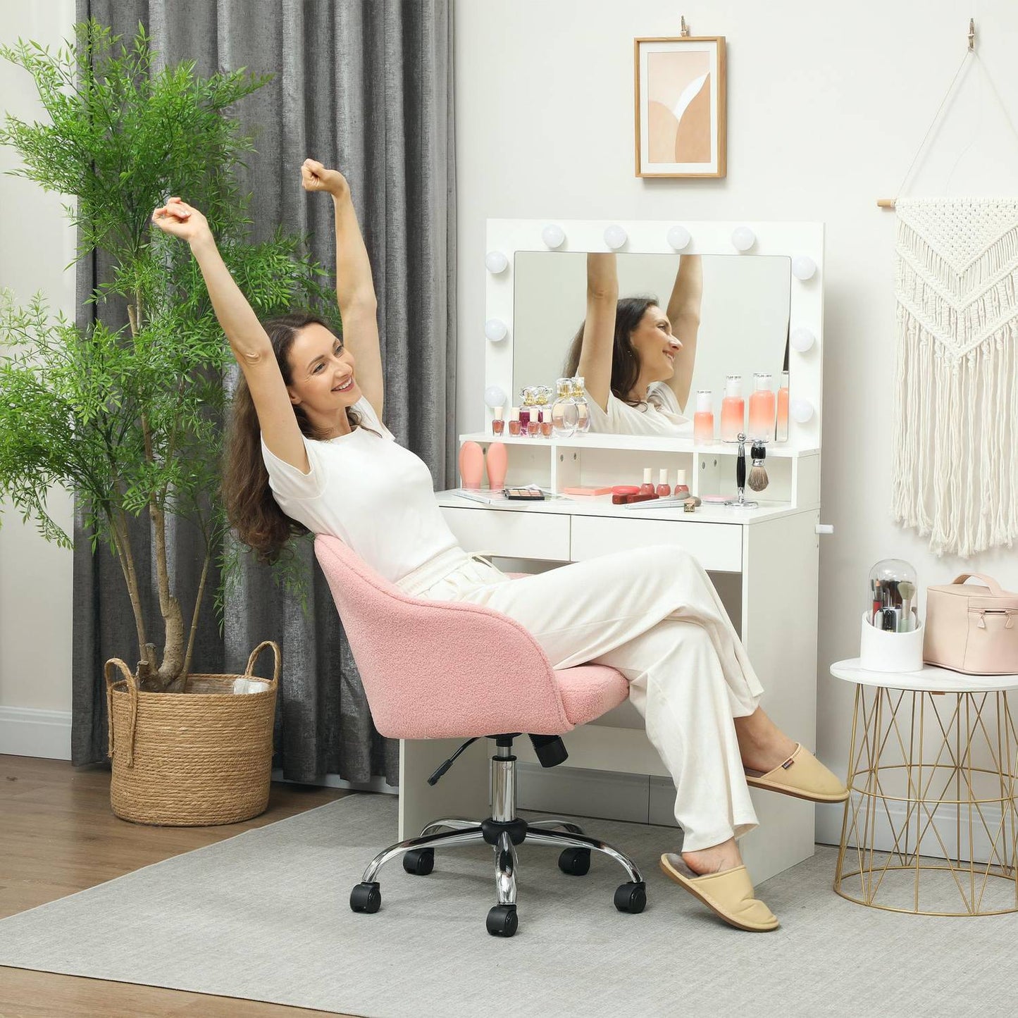 Ergonomic Office Chair, Pink Teddy Fleece, Adjustable Height