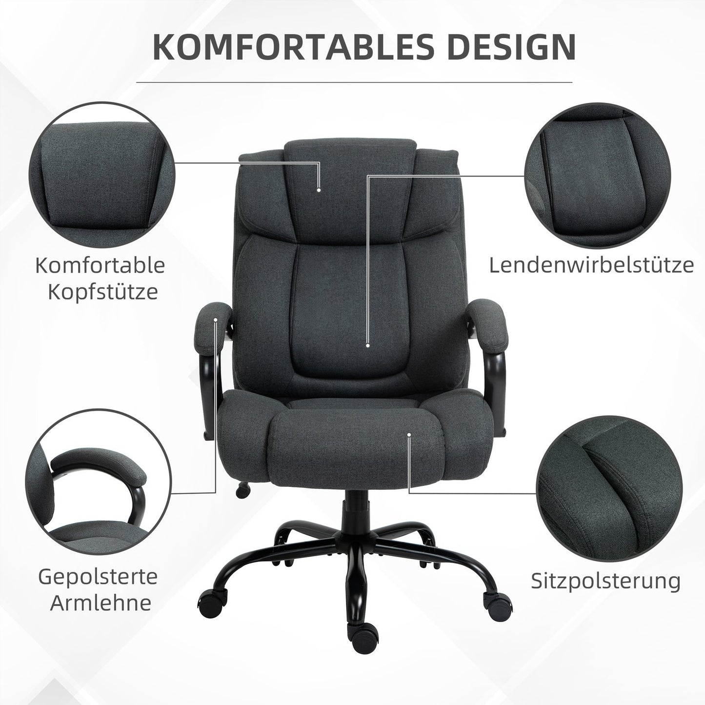 Ergonomic Office Chair, Swivel, Padded Arms, 220kg Capacity, Grey