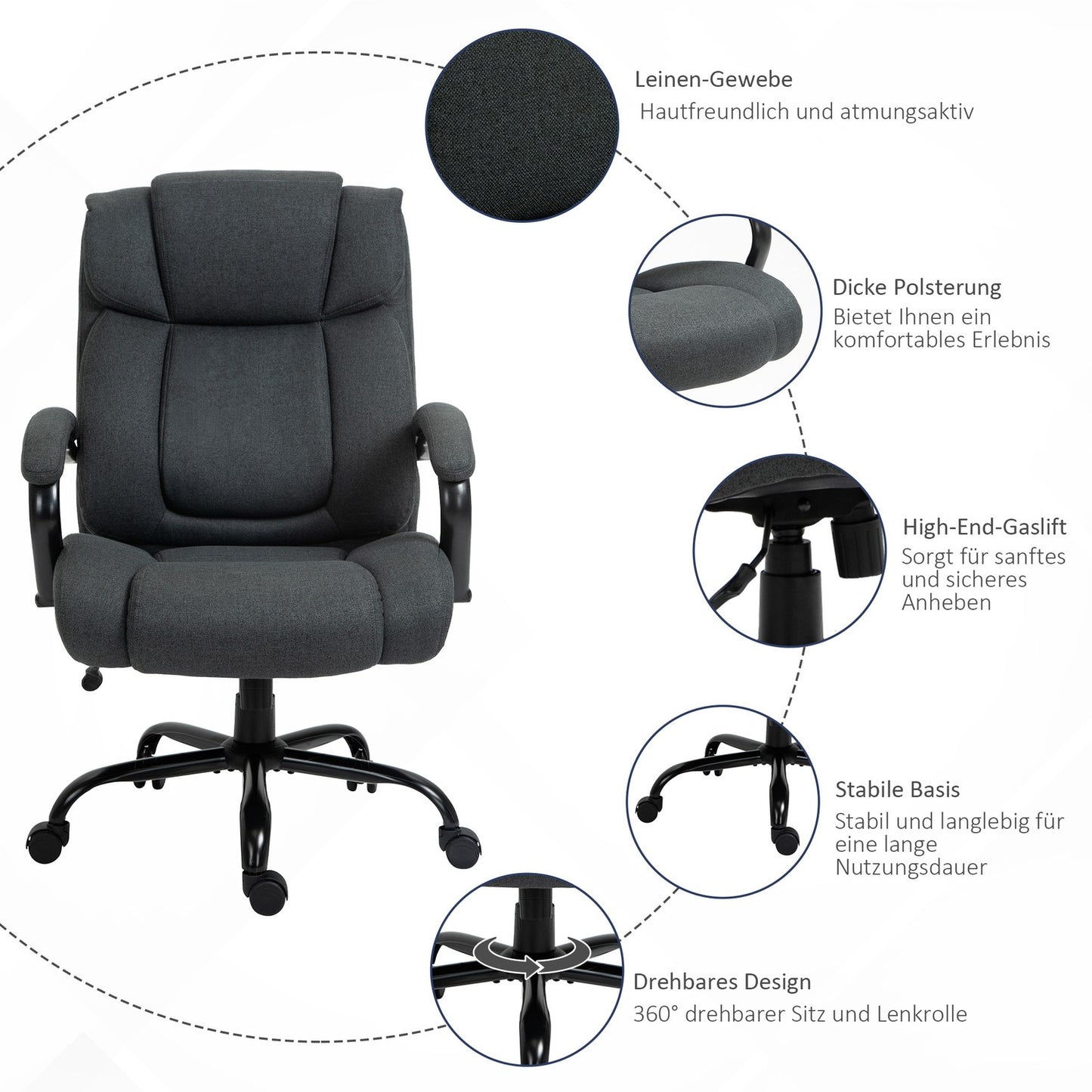 Ergonomic Office Chair, Swivel, Padded Arms, 220kg Capacity, Grey