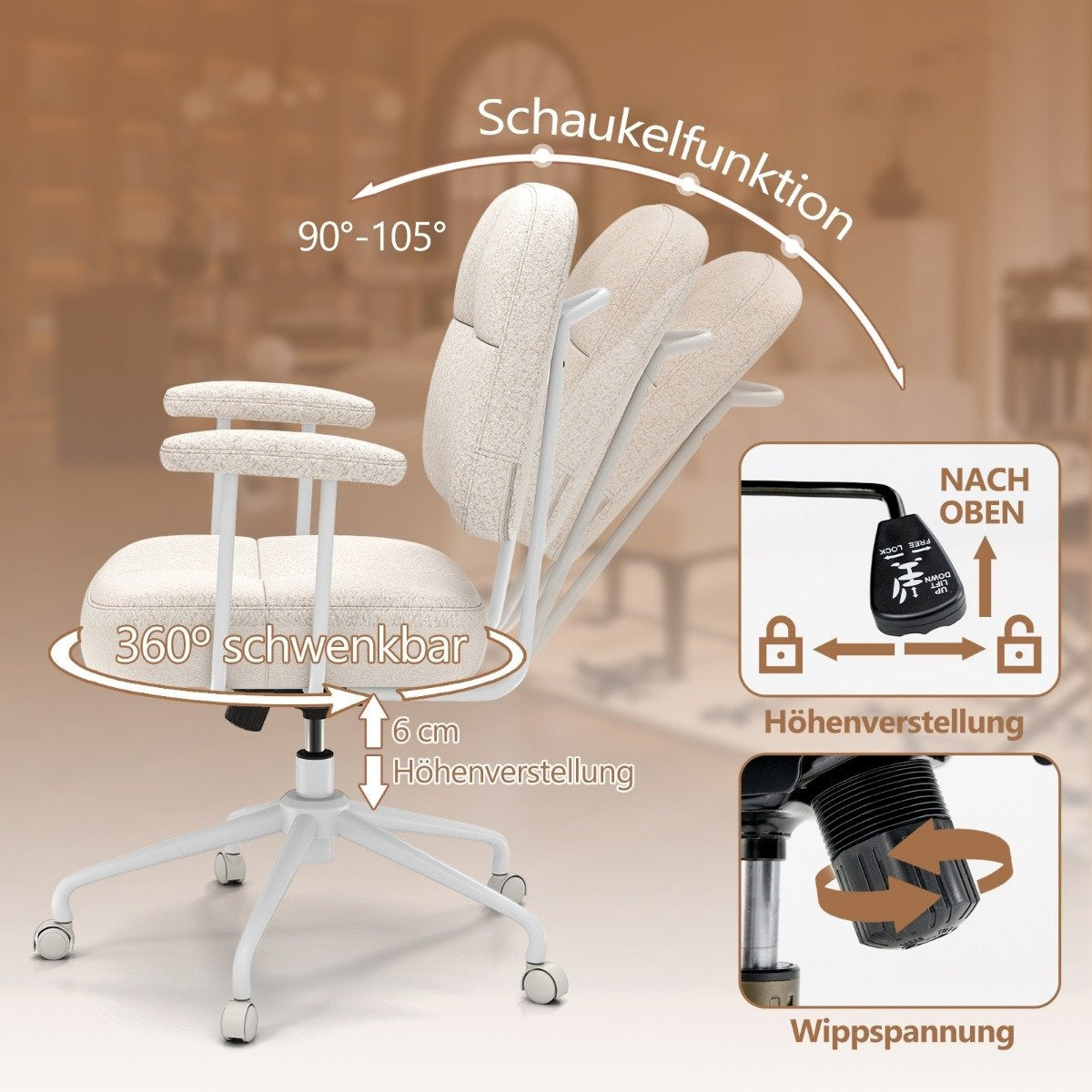 Ergonomic Office Chair with Armrests & Wheels, Beige