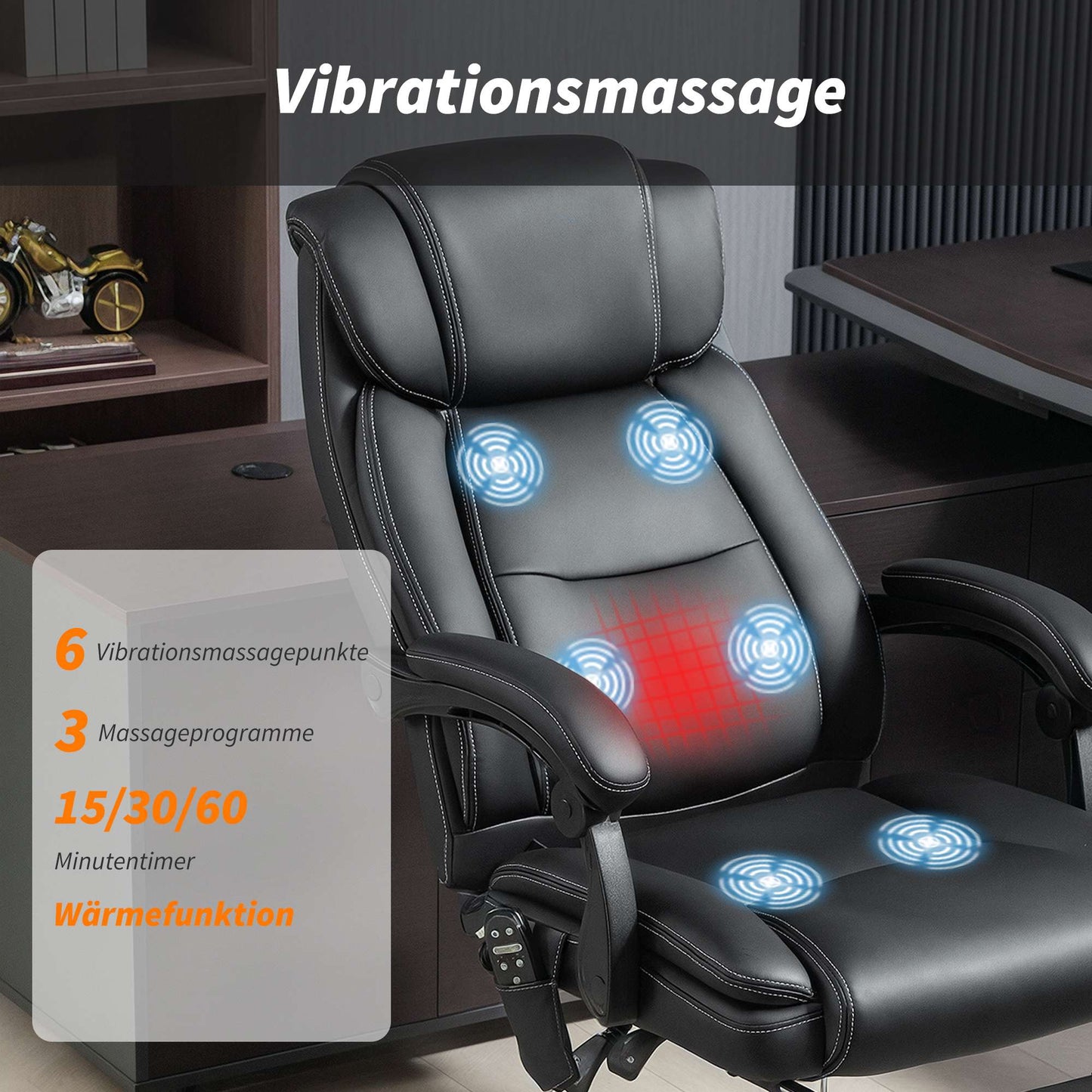 Ergonomic Office Chair with Massage, Footrest, Black Leather