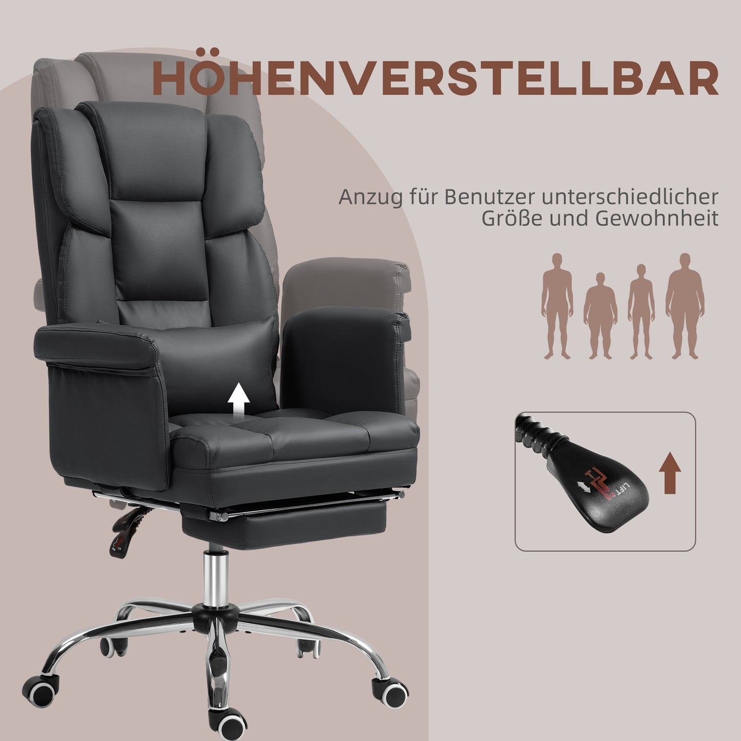 Ergonomic office chair, height adjustable 48-56 cm, reclining backrest, footrest, black