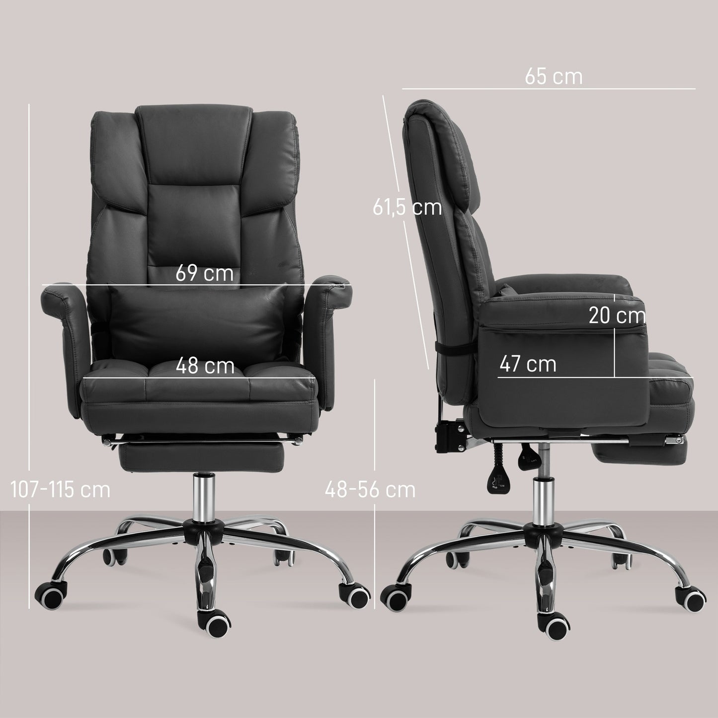 Ergonomic office chair, height adjustable 48-56 cm, reclining backrest, footrest, black