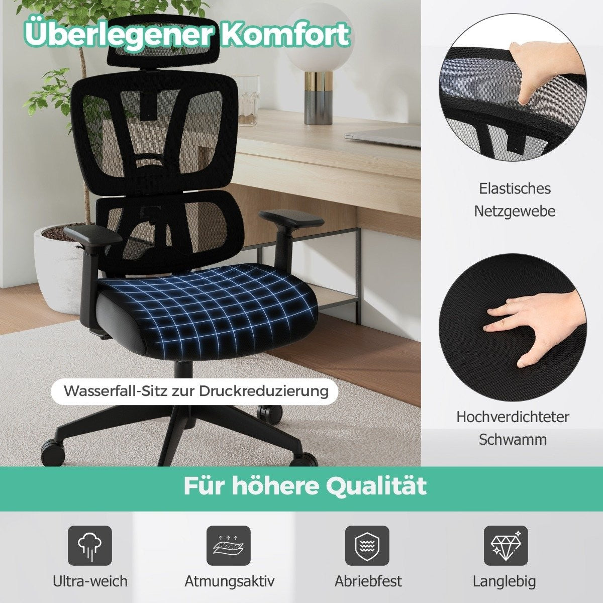 Ergonomic office chair with N-shaped lumbar support Swivel desk chair Black